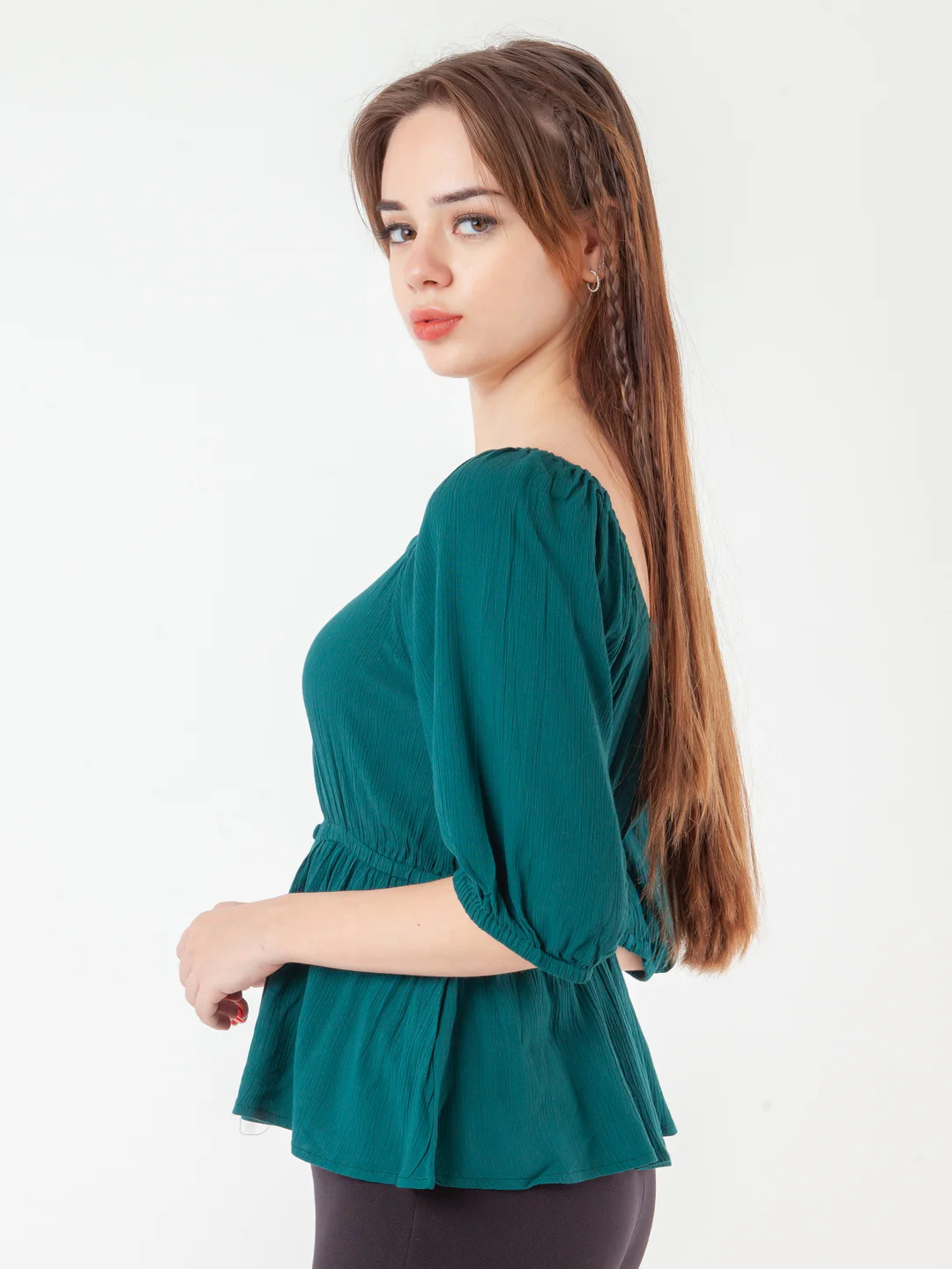 Green Solid Peplum Top - Image 3