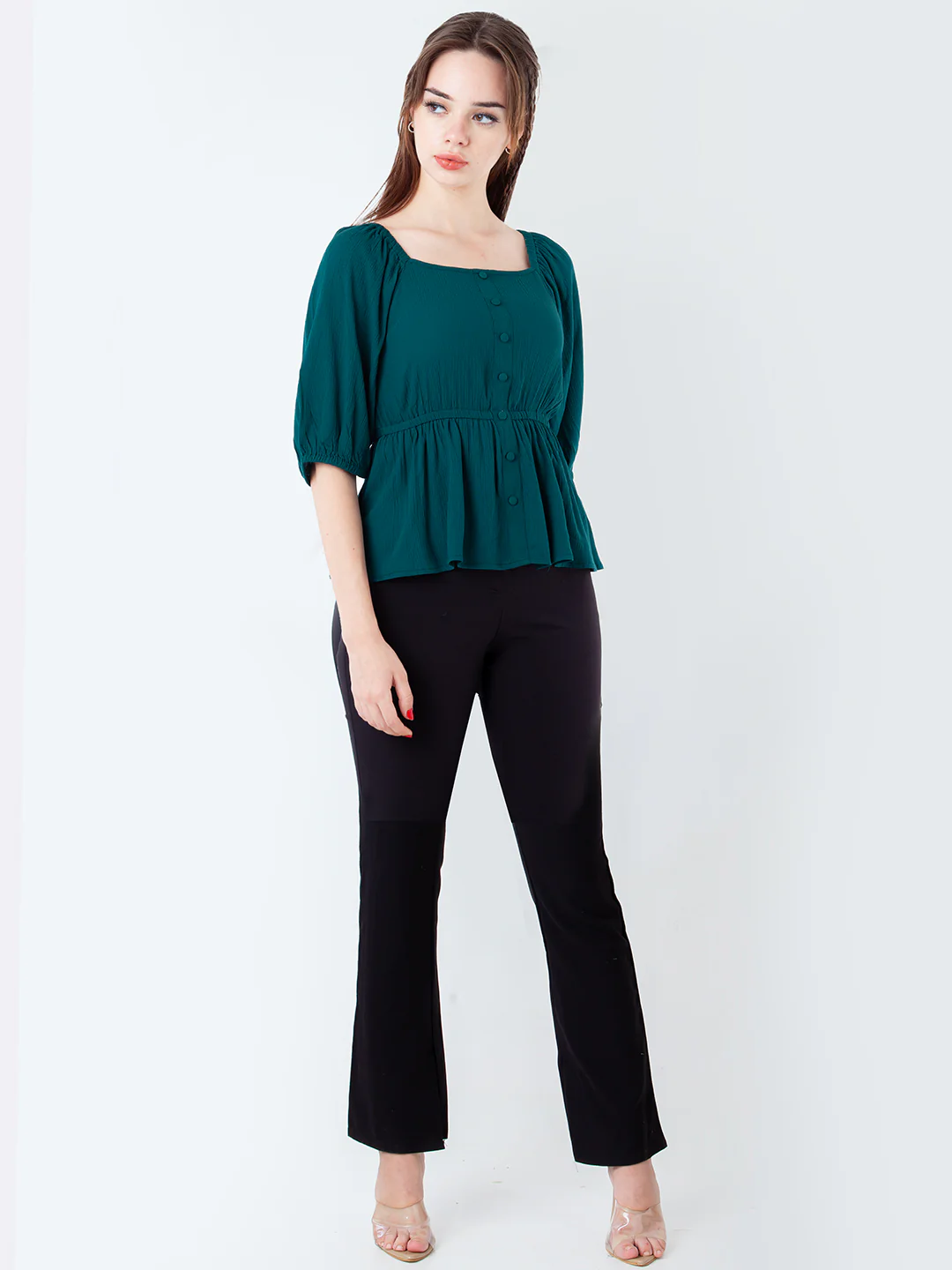 Green Solid Peplum Top - Image 5