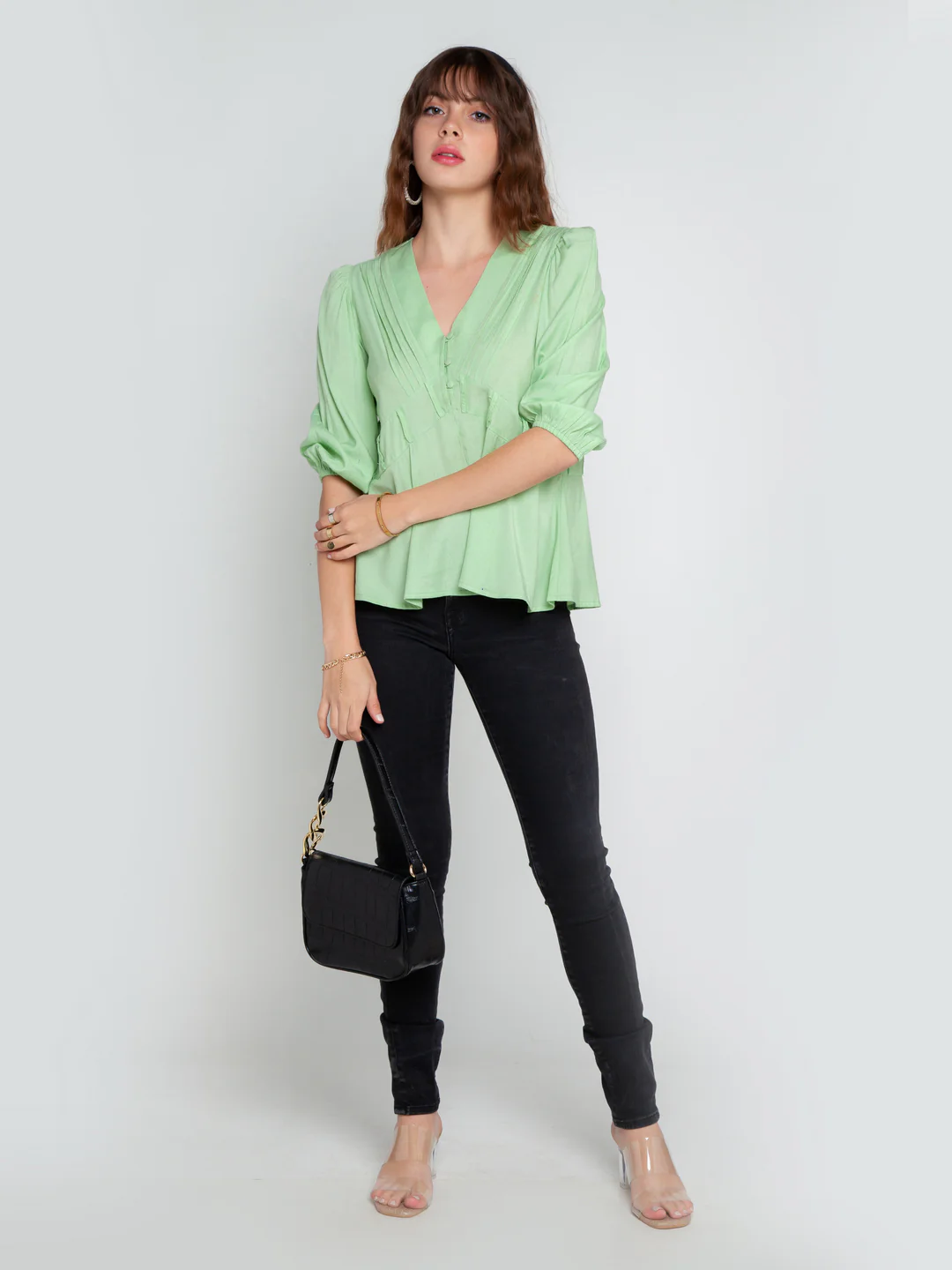 Green Solid Pleated Top