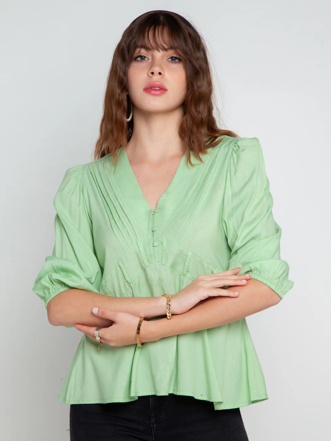 Green Solid Pleated Top - Image 2