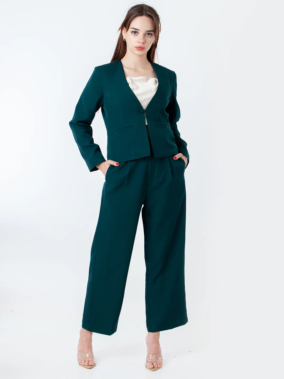 Green Solid Pleated Trouser