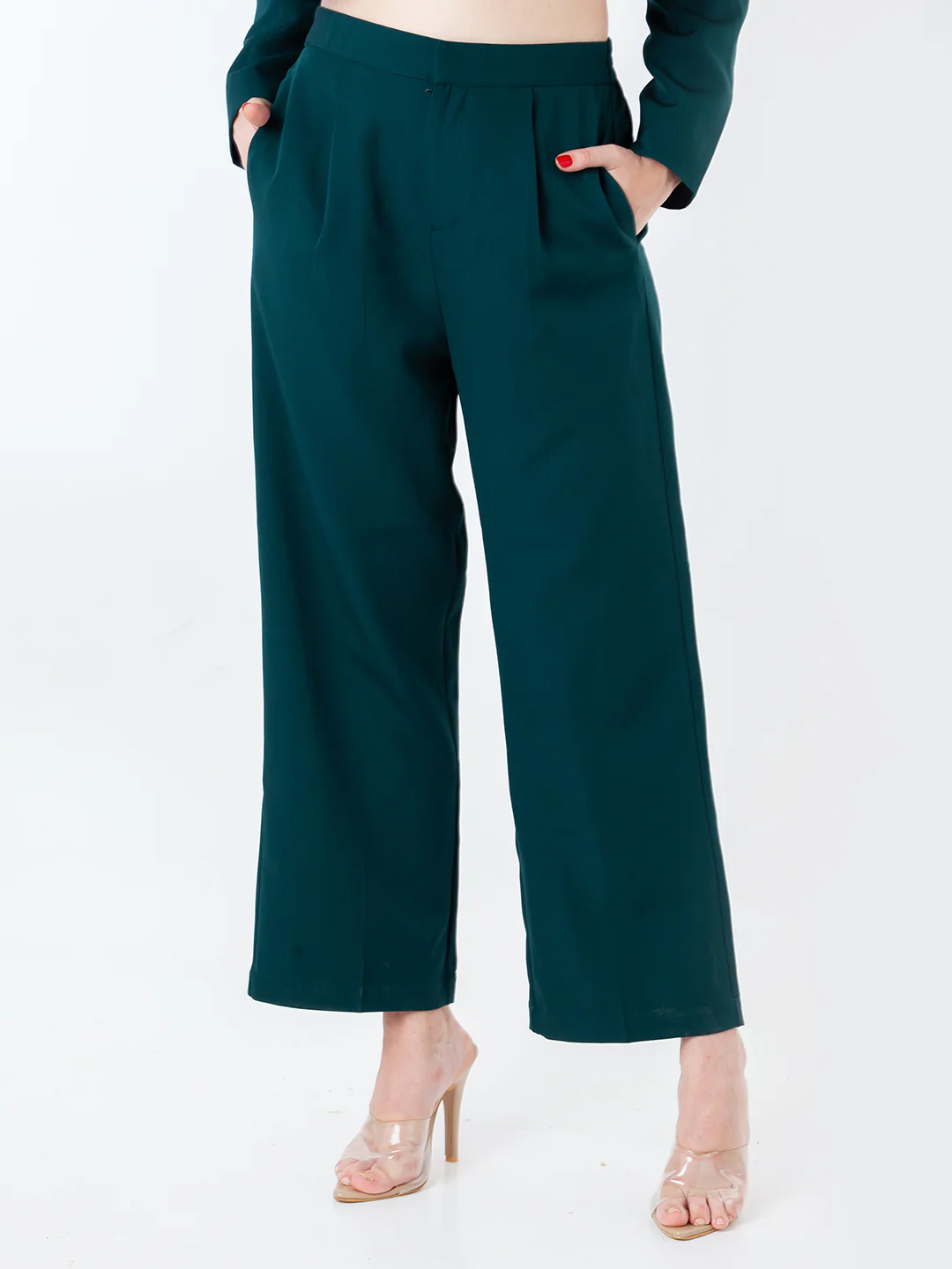 Green Solid Pleated Trouser - Image 2
