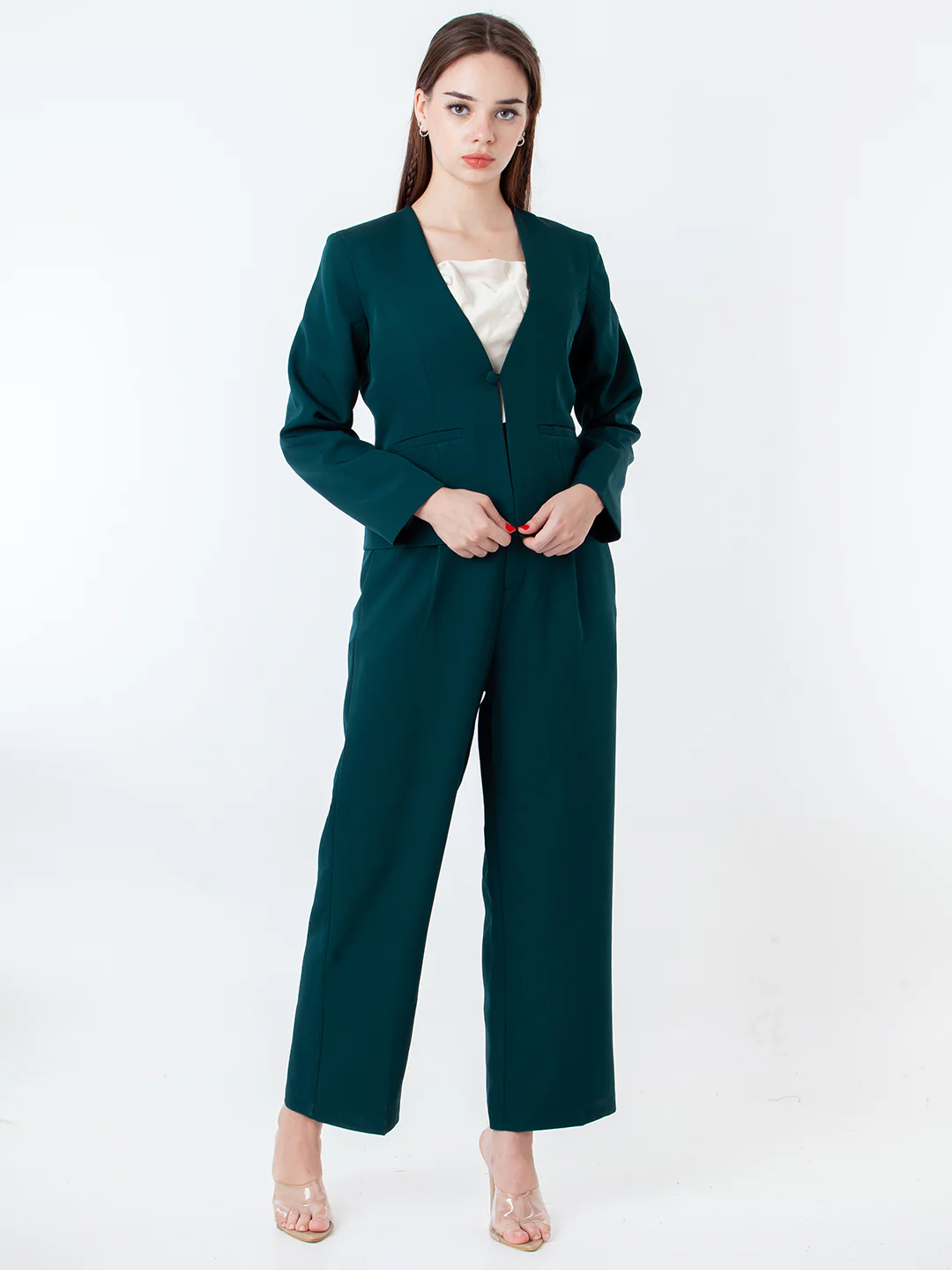 Green Solid Pleated Trouser - Image 5