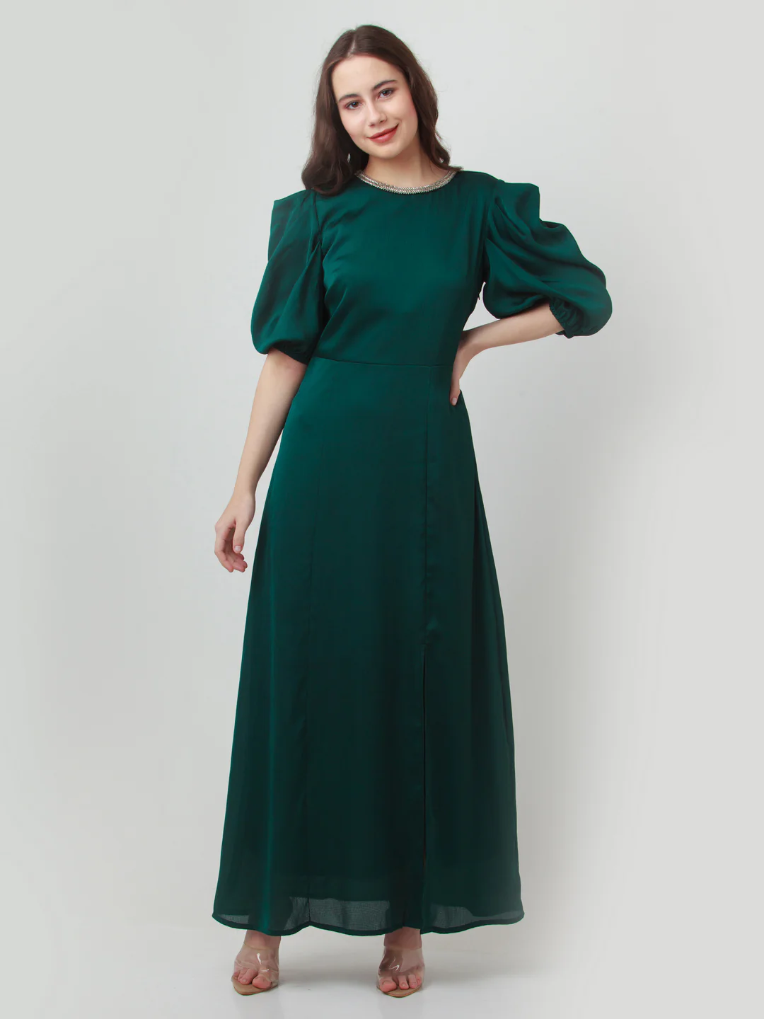 Green Solid Puff Sleeve Maxi Dress - Image 2