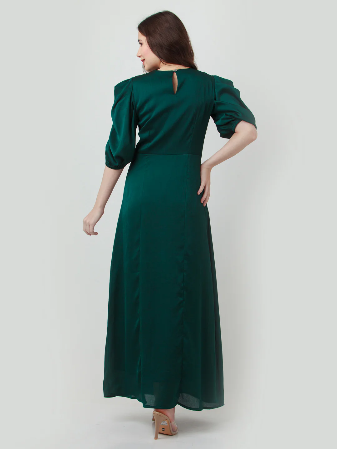 Green Solid Puff Sleeve Maxi Dress - Image 4