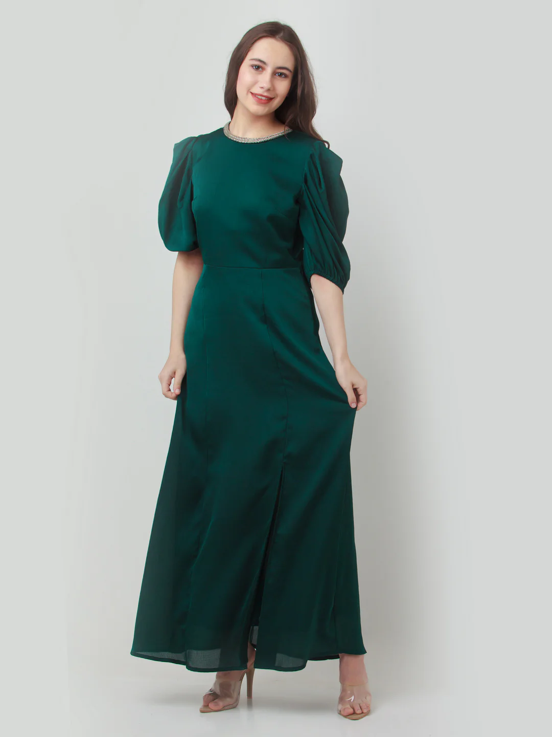 Green Solid Puff Sleeve Maxi Dress - Image 5