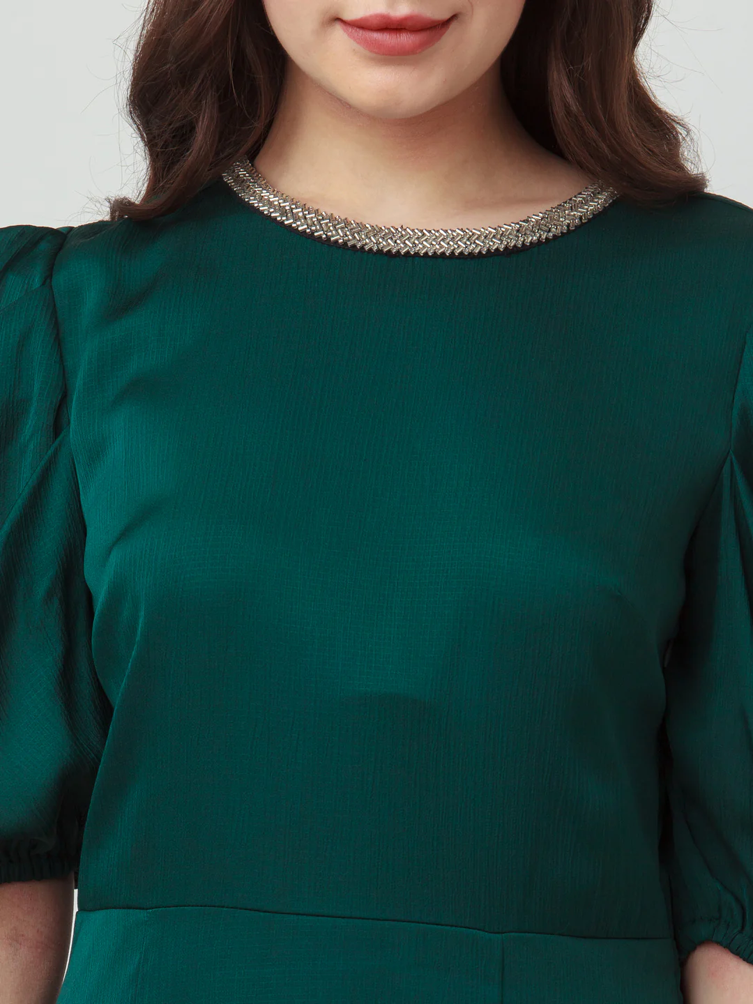 Green Solid Puff Sleeve Maxi Dress - Image 6