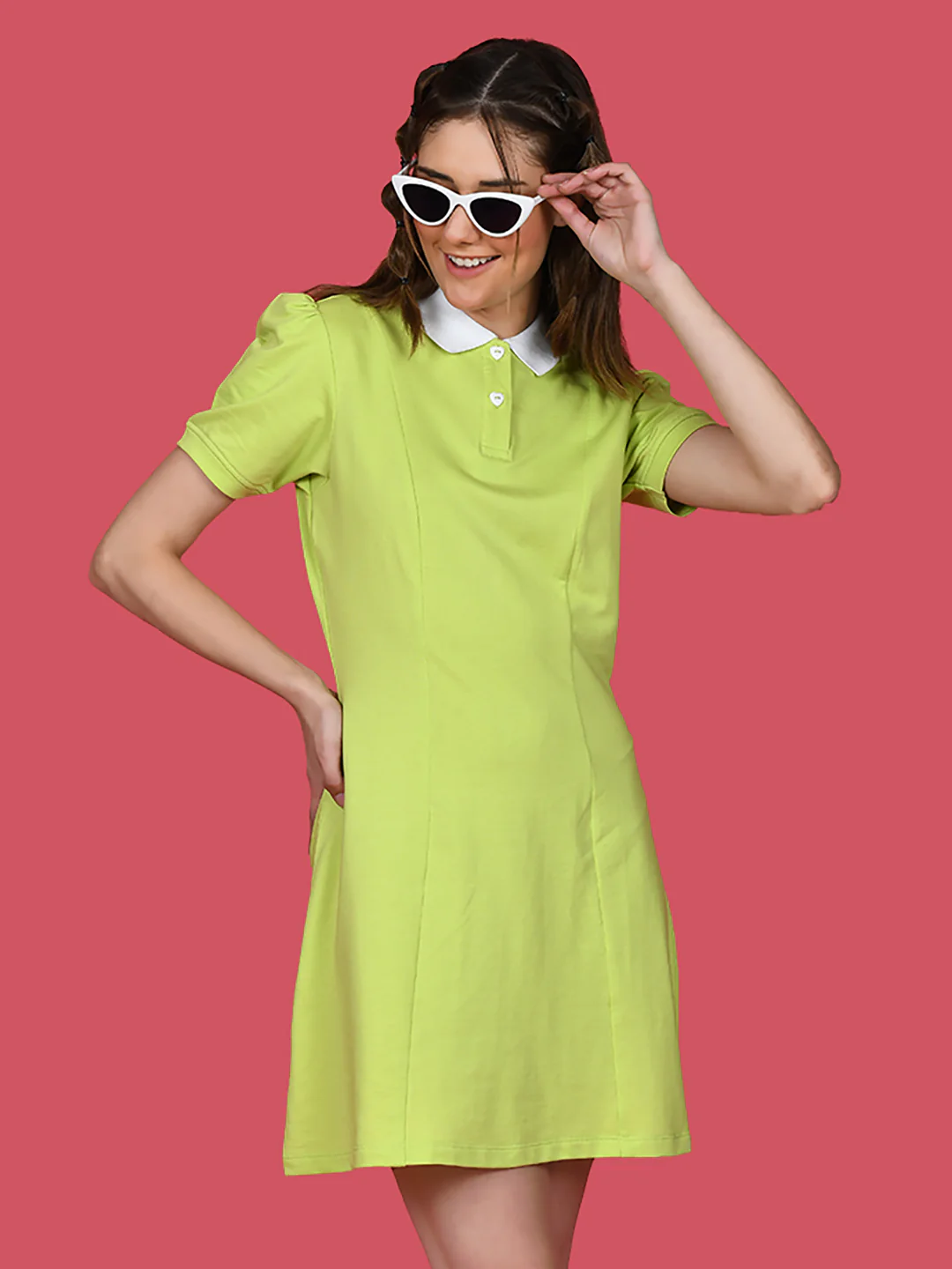 Green Solid Puff Sleeve Short Dress - Image 2