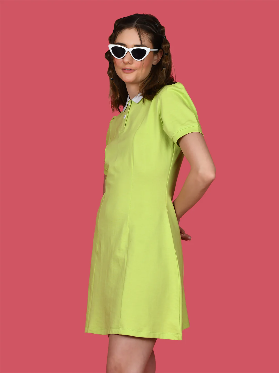 Green Solid Puff Sleeve Short Dress - Image 3