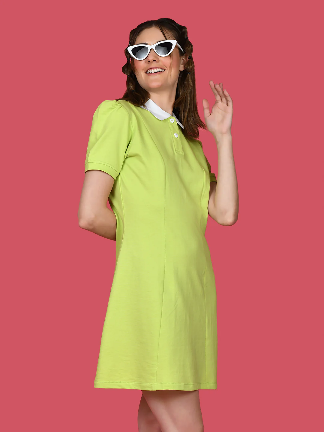 Green Solid Puff Sleeve Short Dress - Image 4
