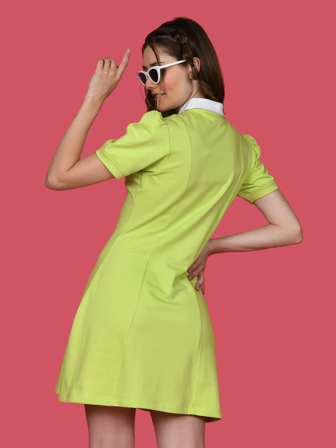Green Solid Puff Sleeve Short Dress - Image 5