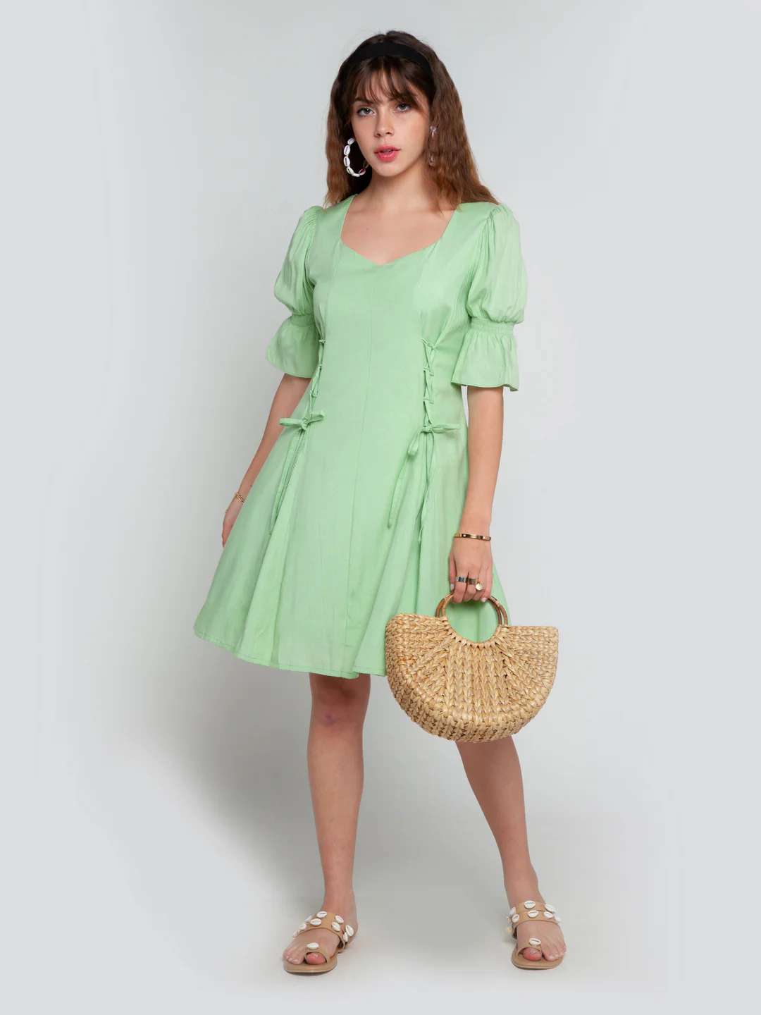 Green Solid Puff Sleeve Short Dress - Image 5