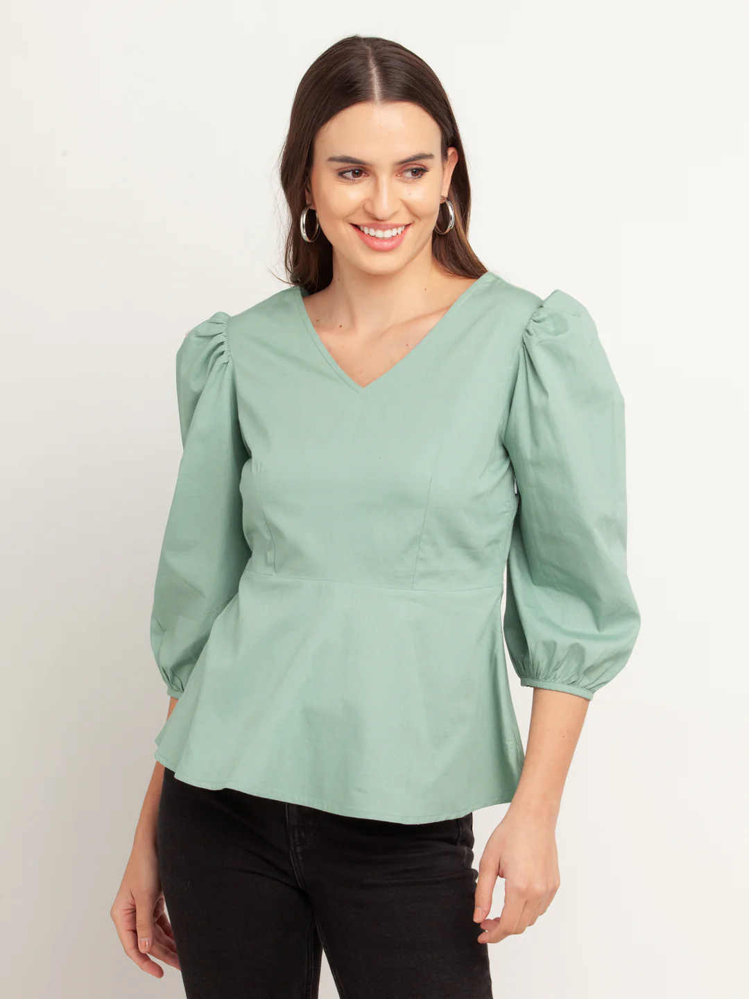 Green Solid Puff Sleeve Top - Image 2