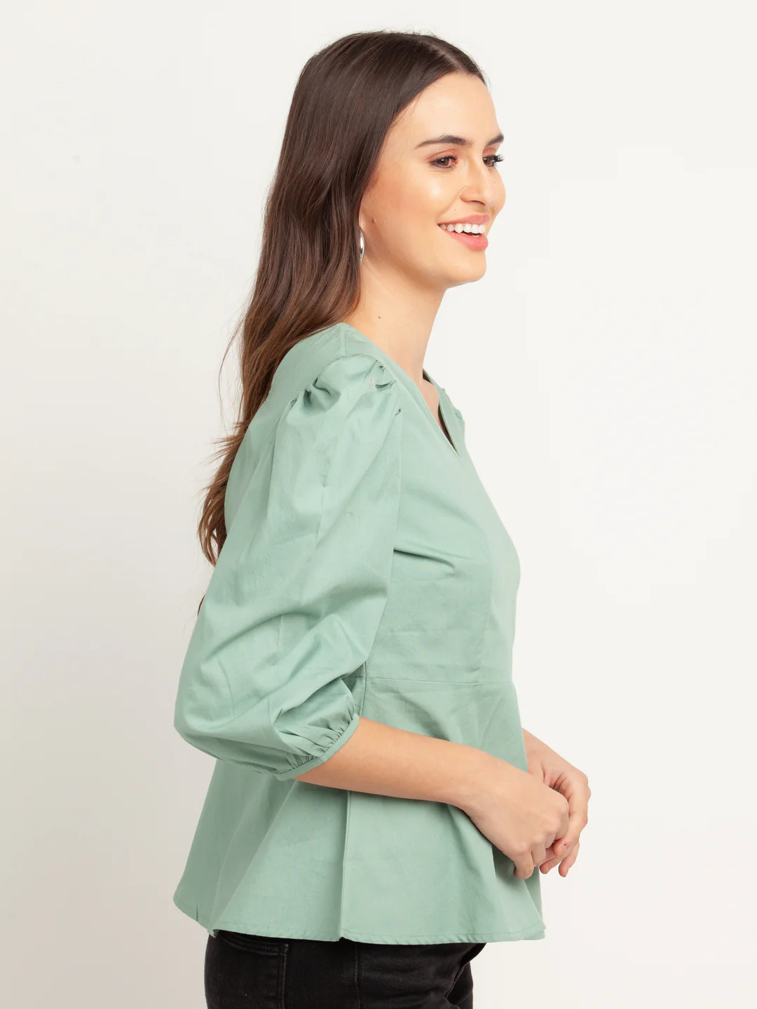 Green Solid Puff Sleeve Top - Image 3
