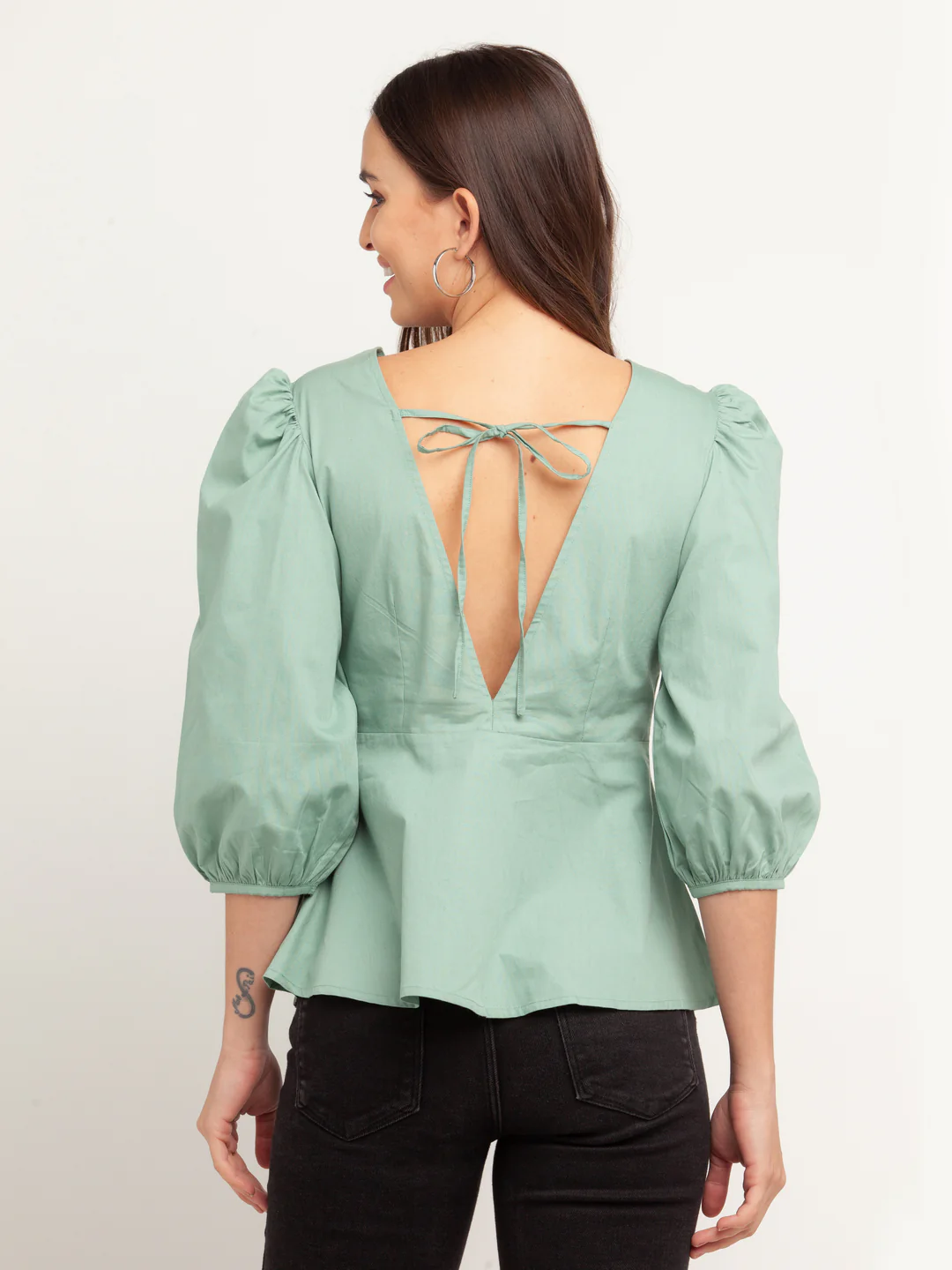 Green Solid Puff Sleeve Top - Image 4