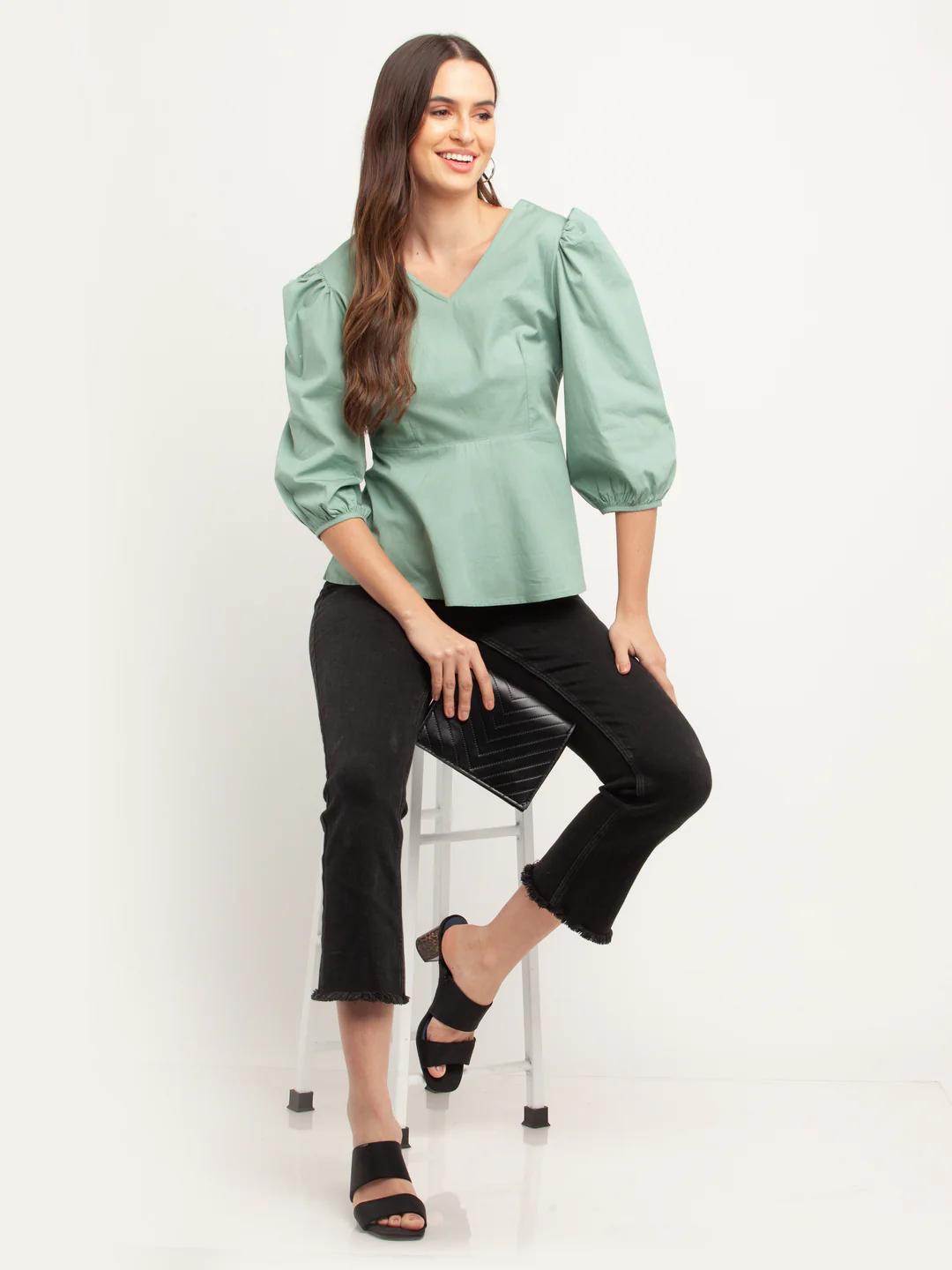 Green Solid Puff Sleeve Top - Image 5