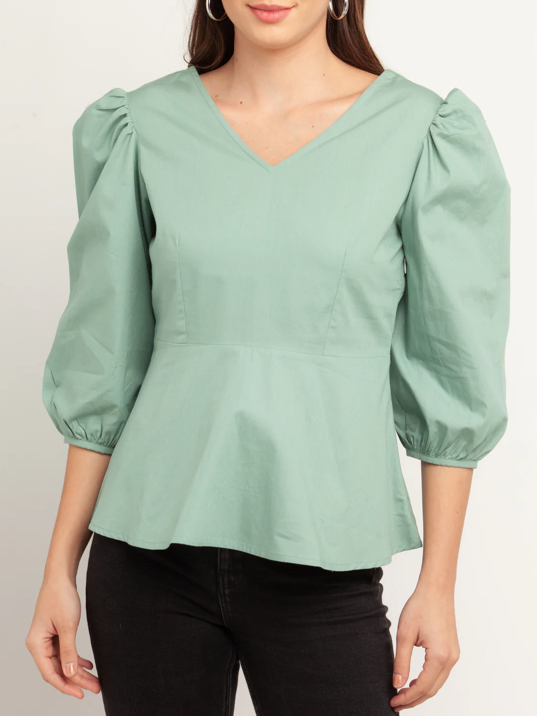 Green Solid Puff Sleeve Top - Image 6