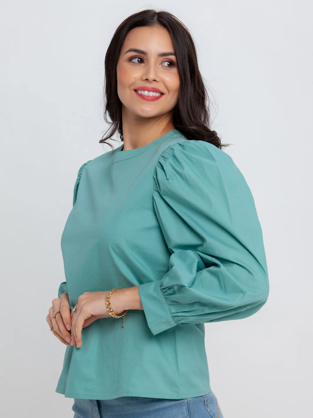 Green Solid Puff Sleeve Top - Image 3