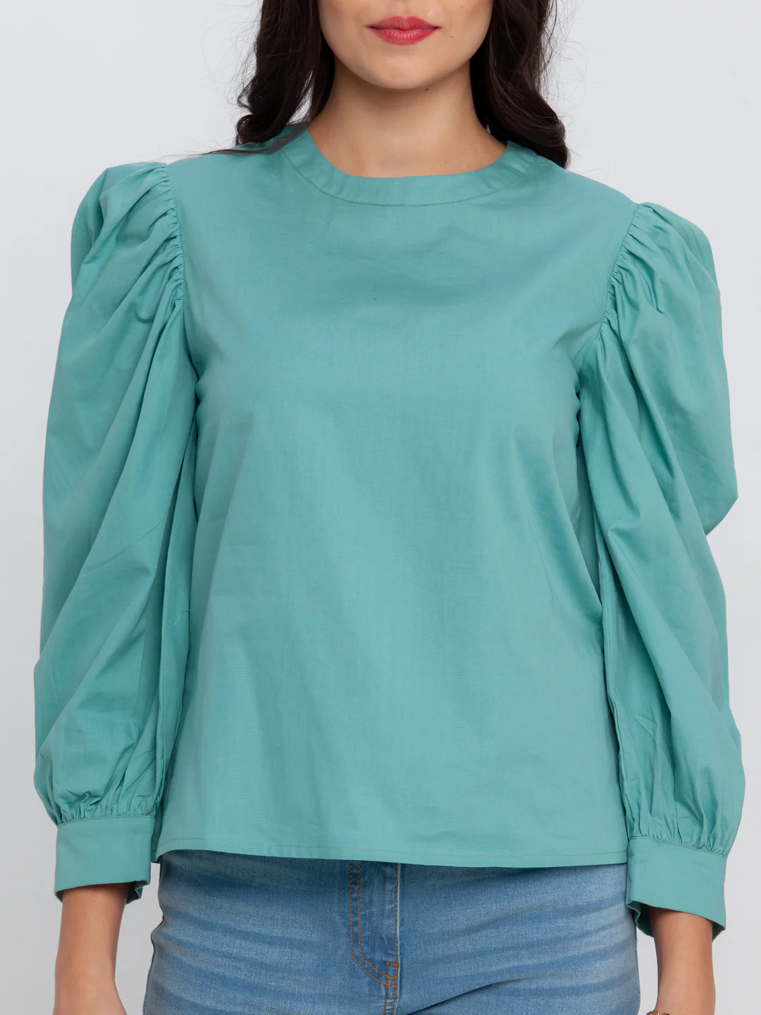 Green Solid Puff Sleeve Top - Image 6