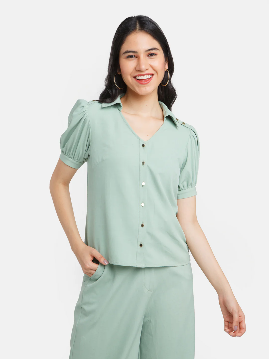 Green Solid Puff Sleeve Top - Image 2