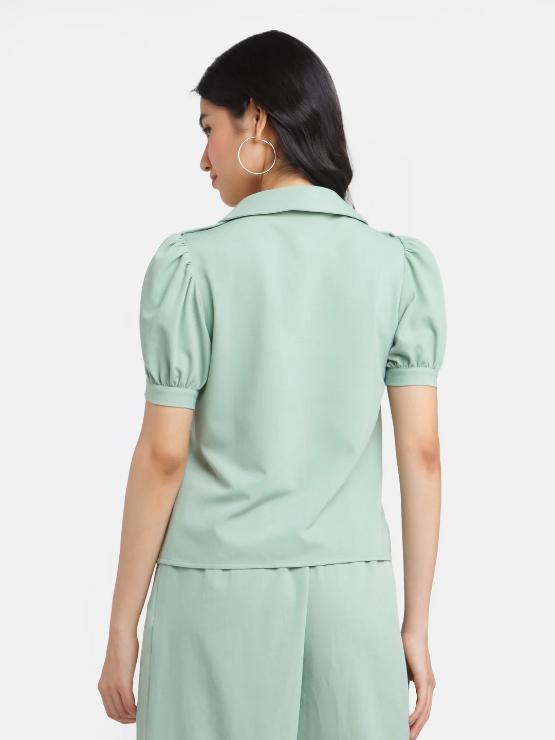 Green Solid Puff Sleeve Top - Image 4