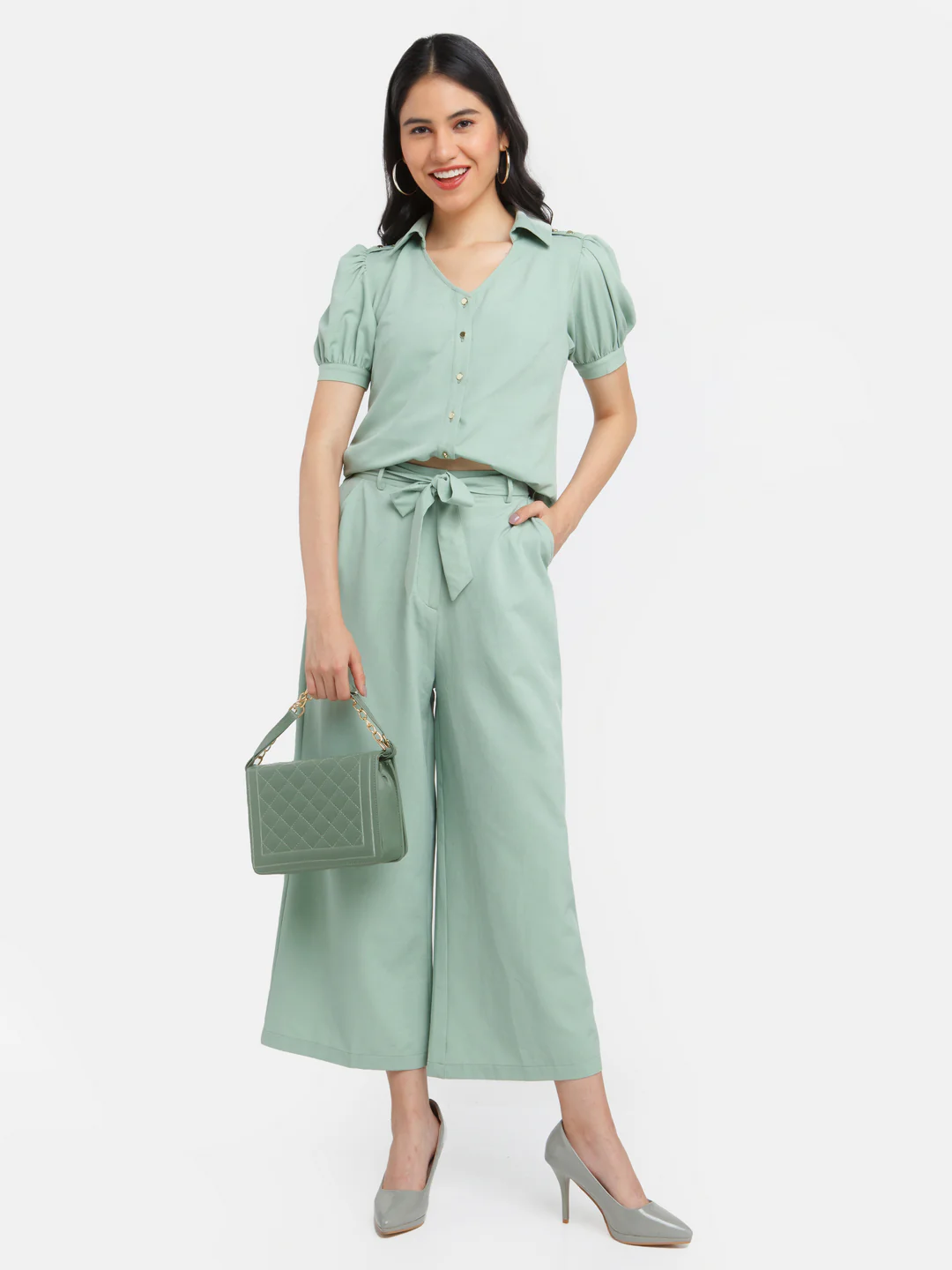 Green Solid Puff Sleeve Top - Image 5