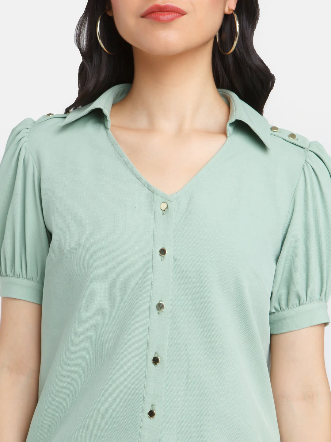 Green Solid Puff Sleeve Top - Image 6