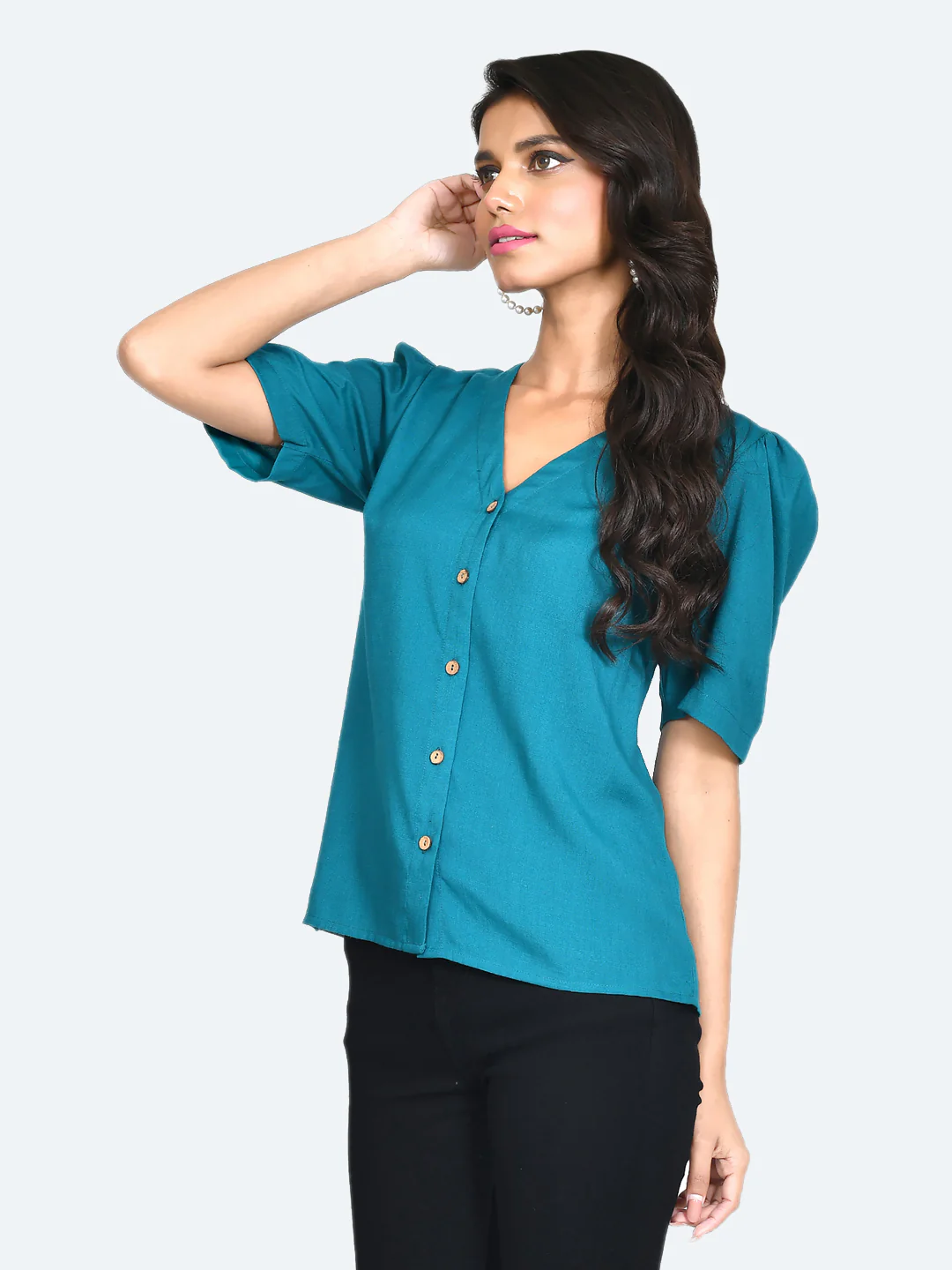 Green Solid Puff Sleeve Top - Image 3