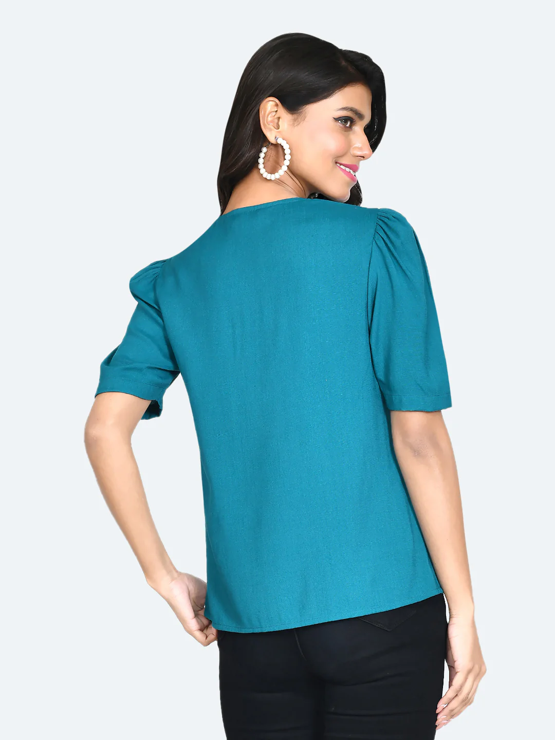 Green Solid Puff Sleeve Top - Image 4