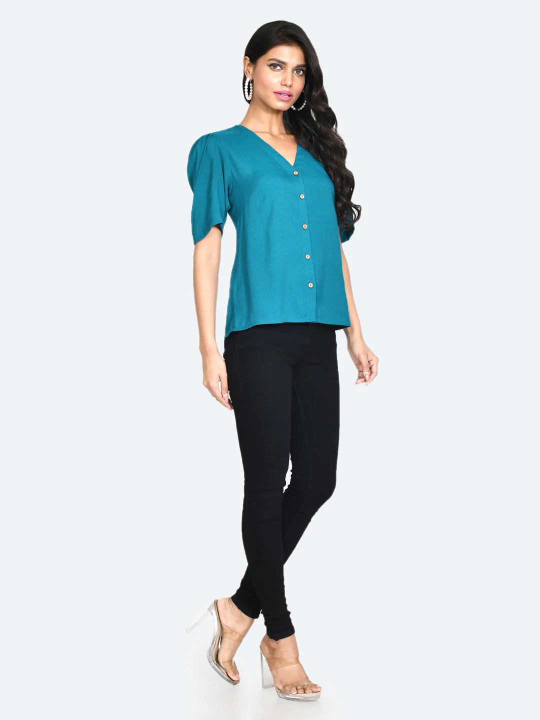 Green Solid Puff Sleeve Top - Image 5