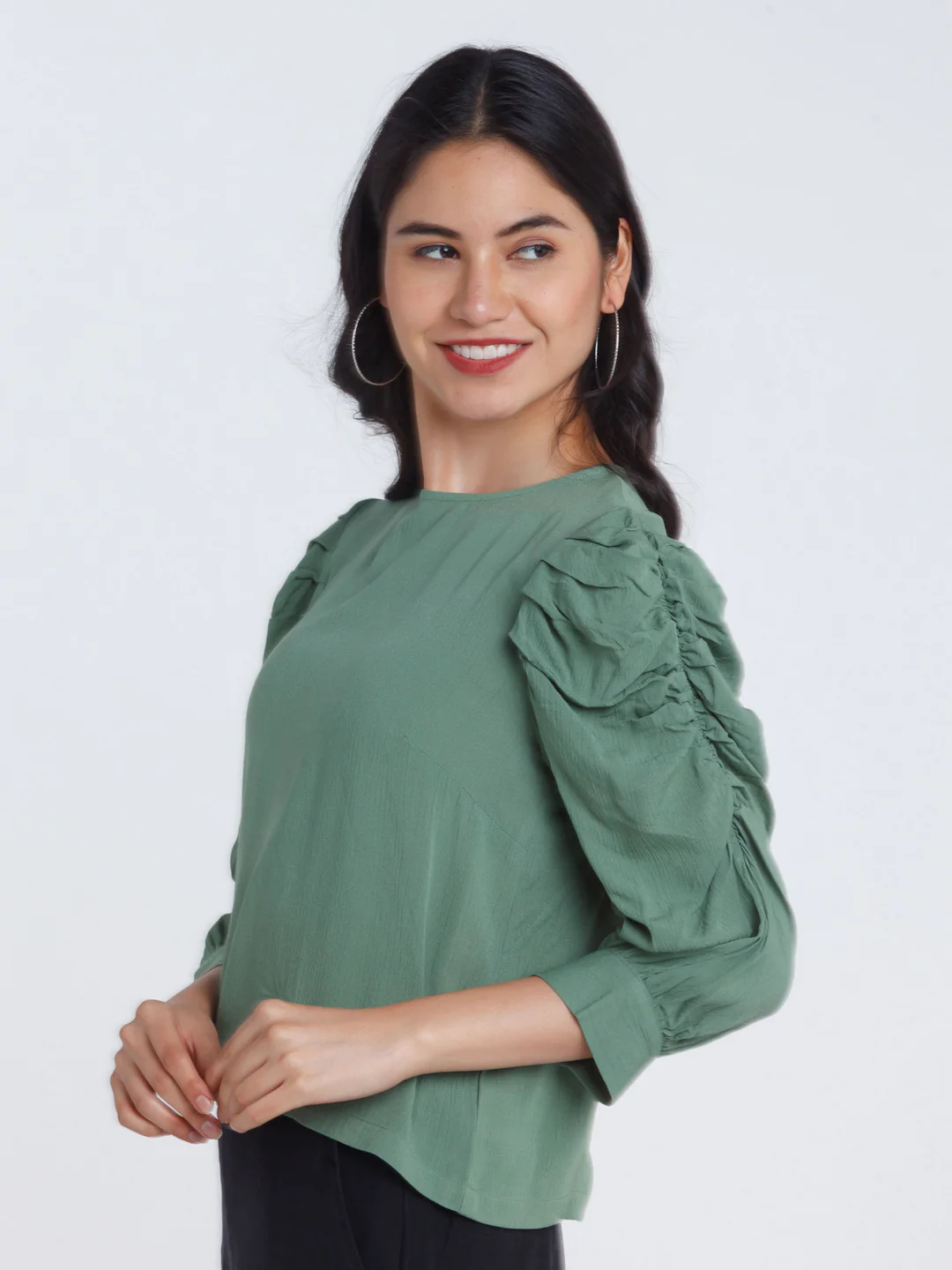Green Solid Ruched sleeve Top - Image 3