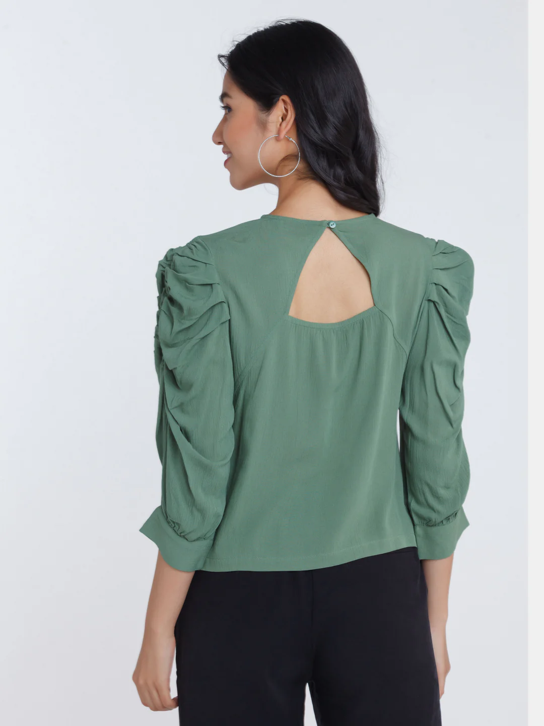 Green Solid Ruched sleeve Top - Image 4