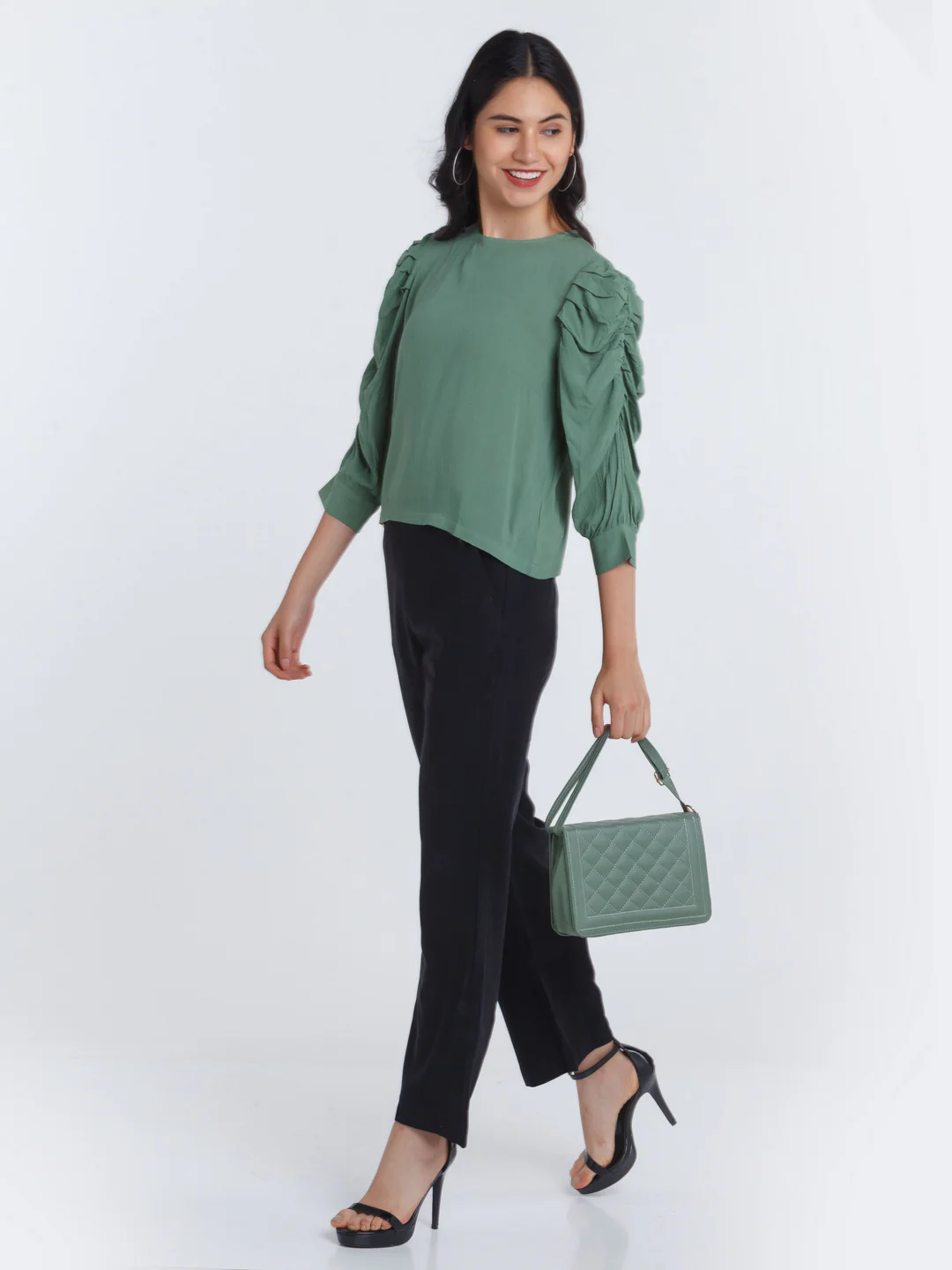 Green Solid Ruched sleeve Top - Image 5