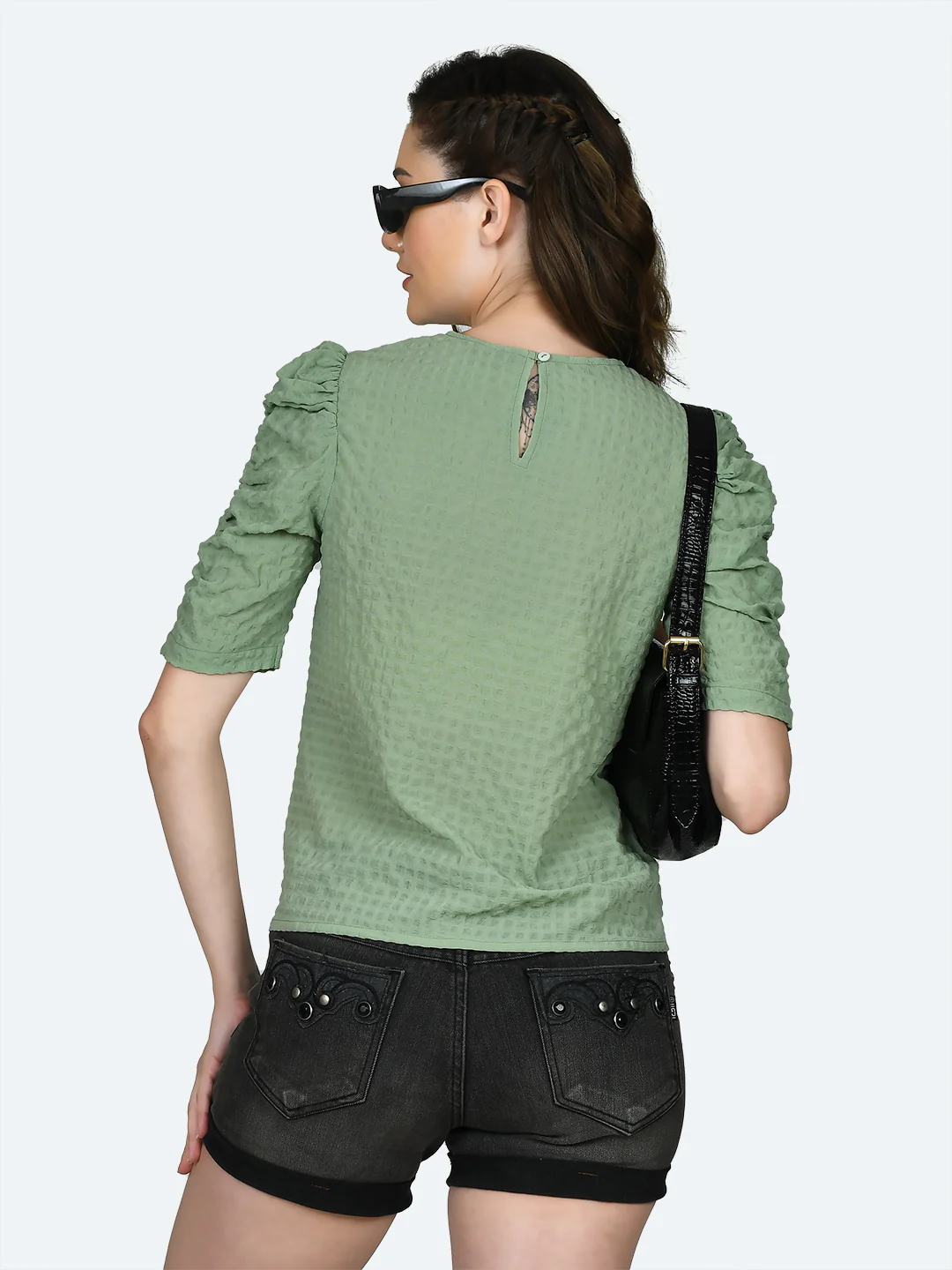 Green Solid Ruched Top - Image 4