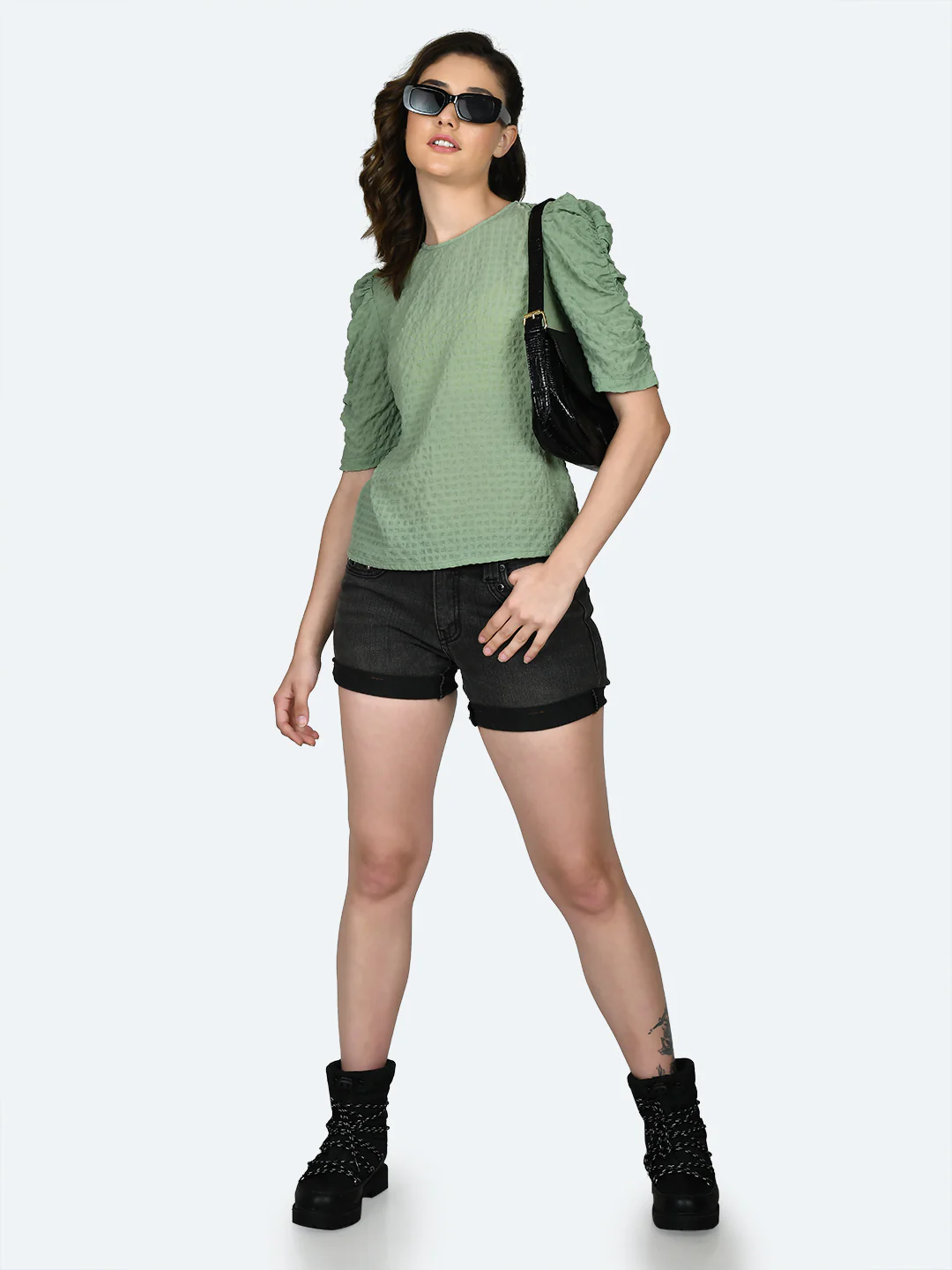 Green Solid Ruched Top - Image 5