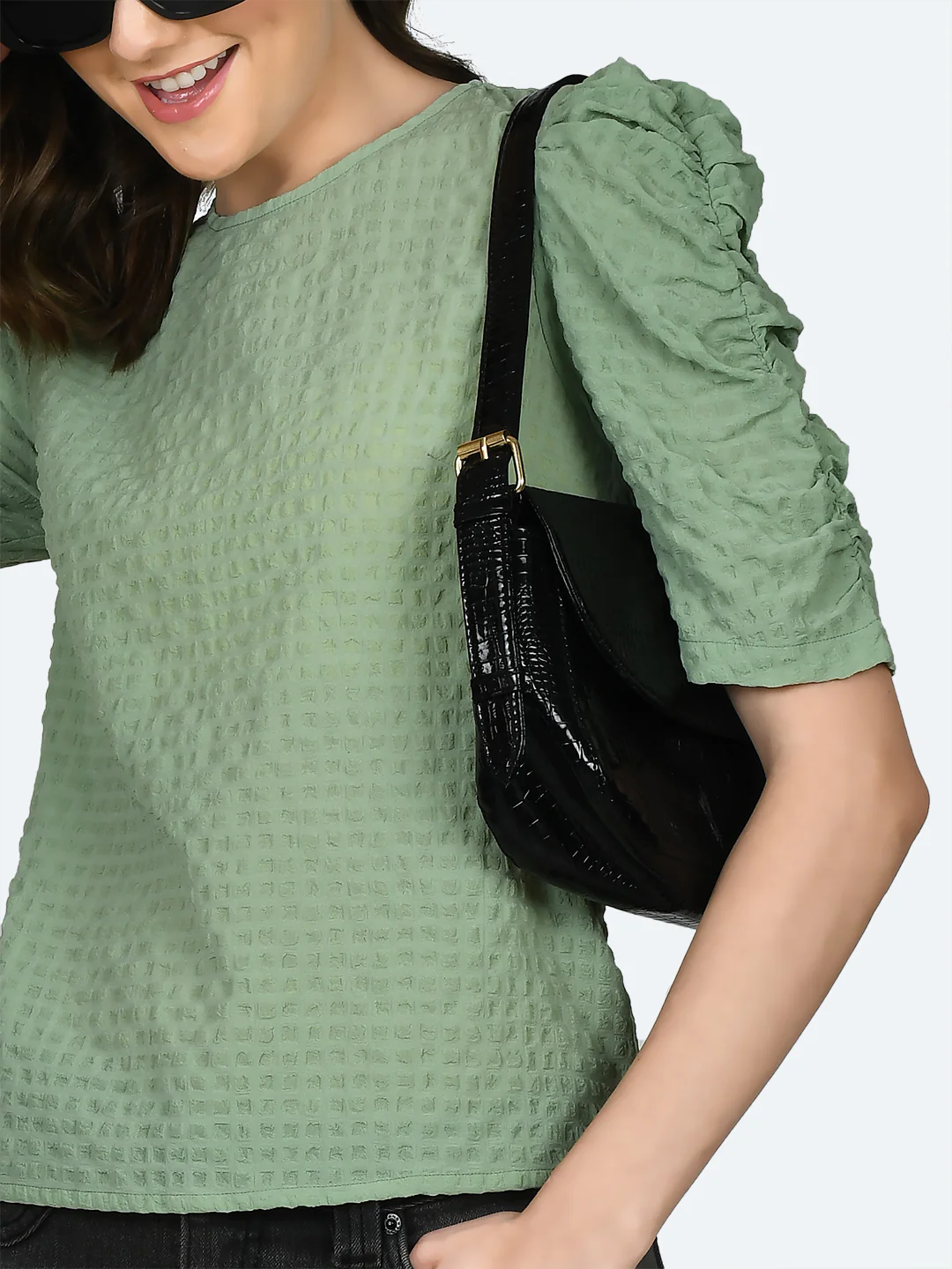 Green Solid Ruched Top - Image 6