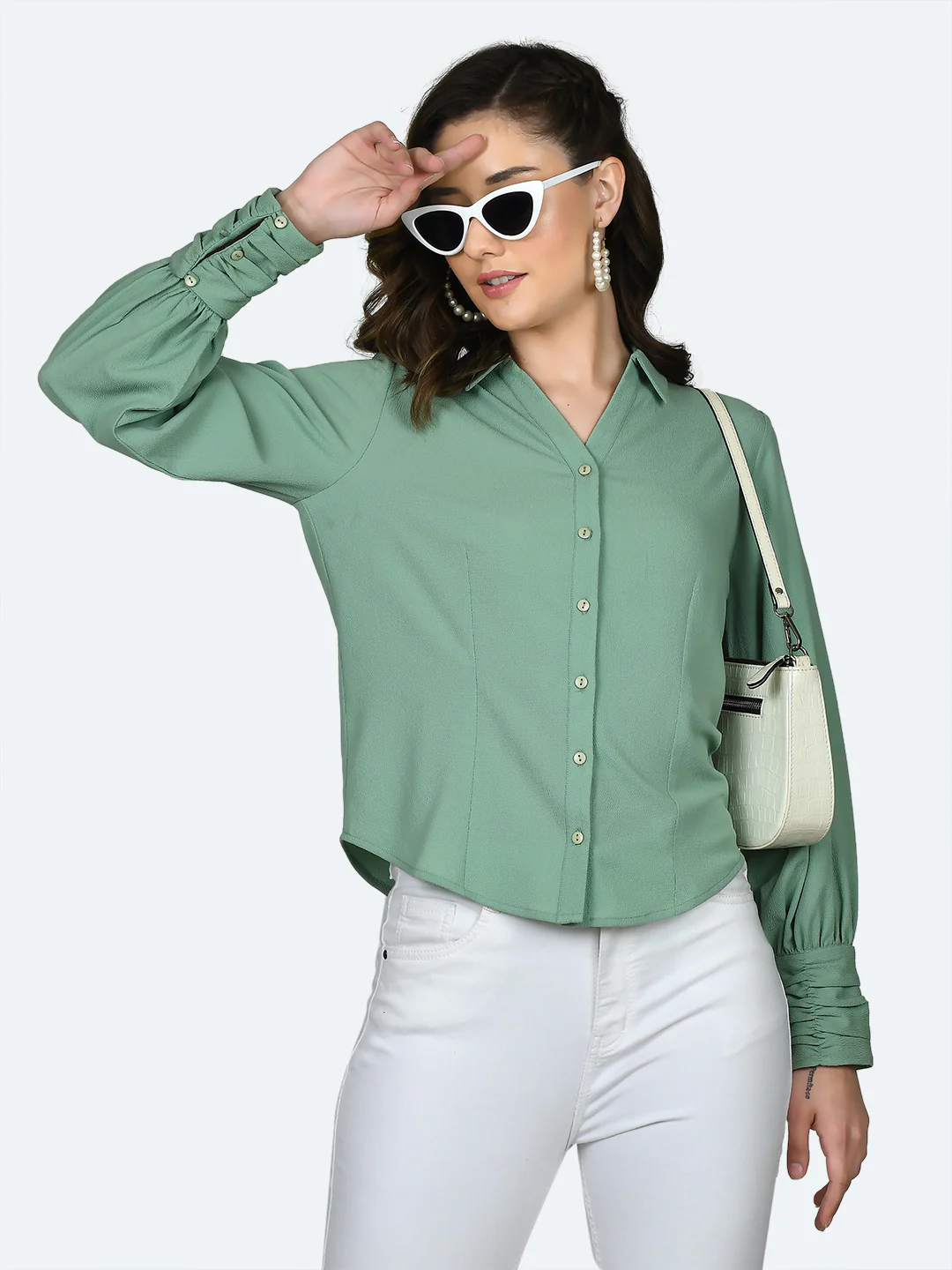 Green Solid Ruched Top - Image 2