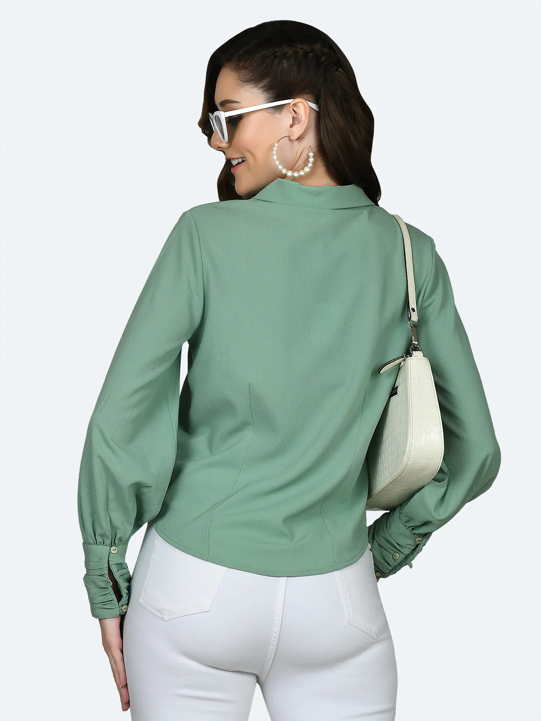 Green Solid Ruched Top - Image 4