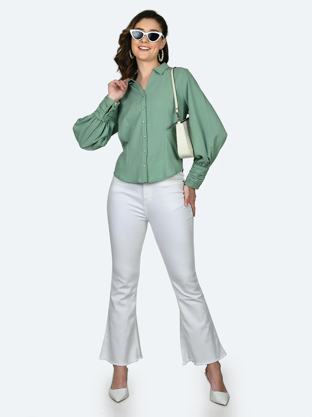 Green Solid Ruched Top - Image 5