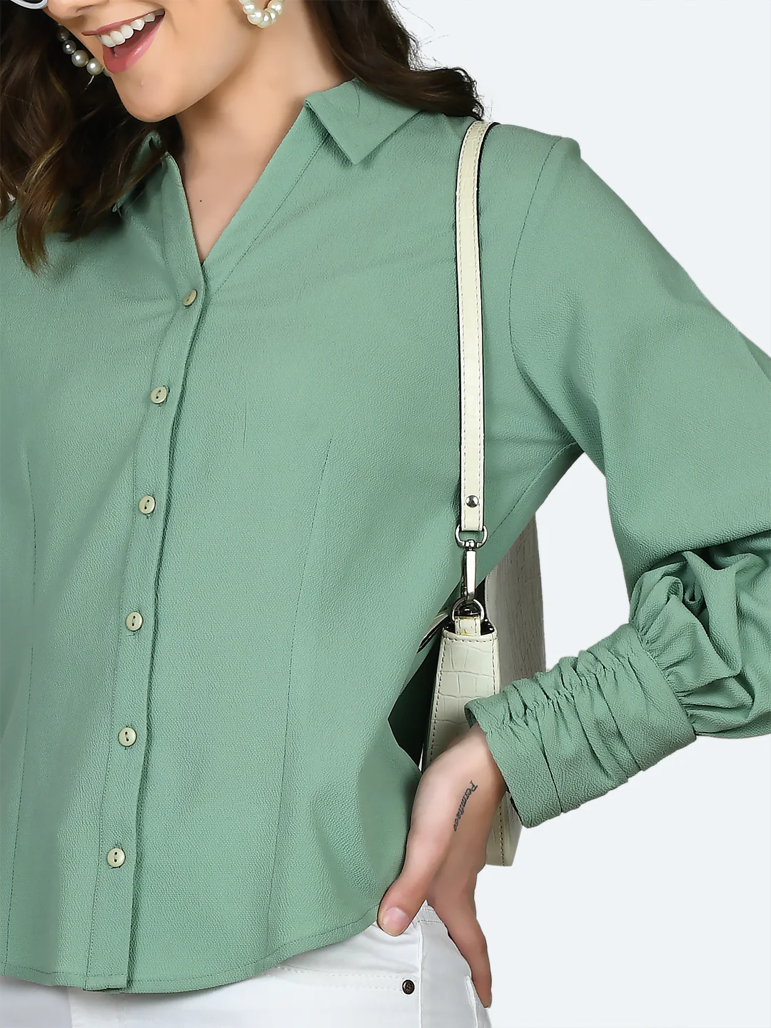 Green Solid Ruched Top - Image 6