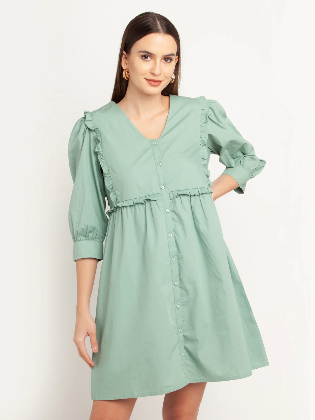 Green Solid Ruffled Short Dress - Image 2