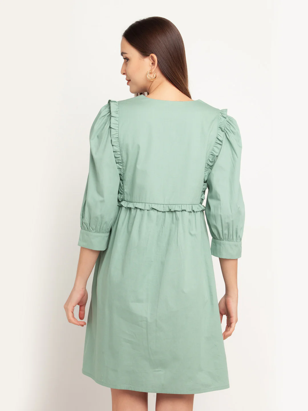Green Solid Ruffled Short Dress - Image 4