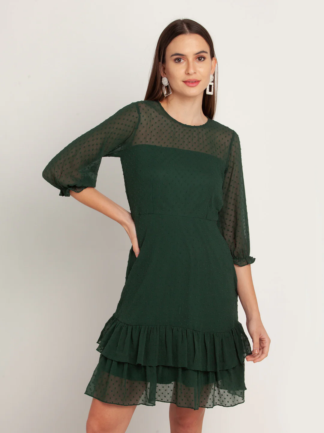 Green Solid Ruffled Short Dress - Image 2