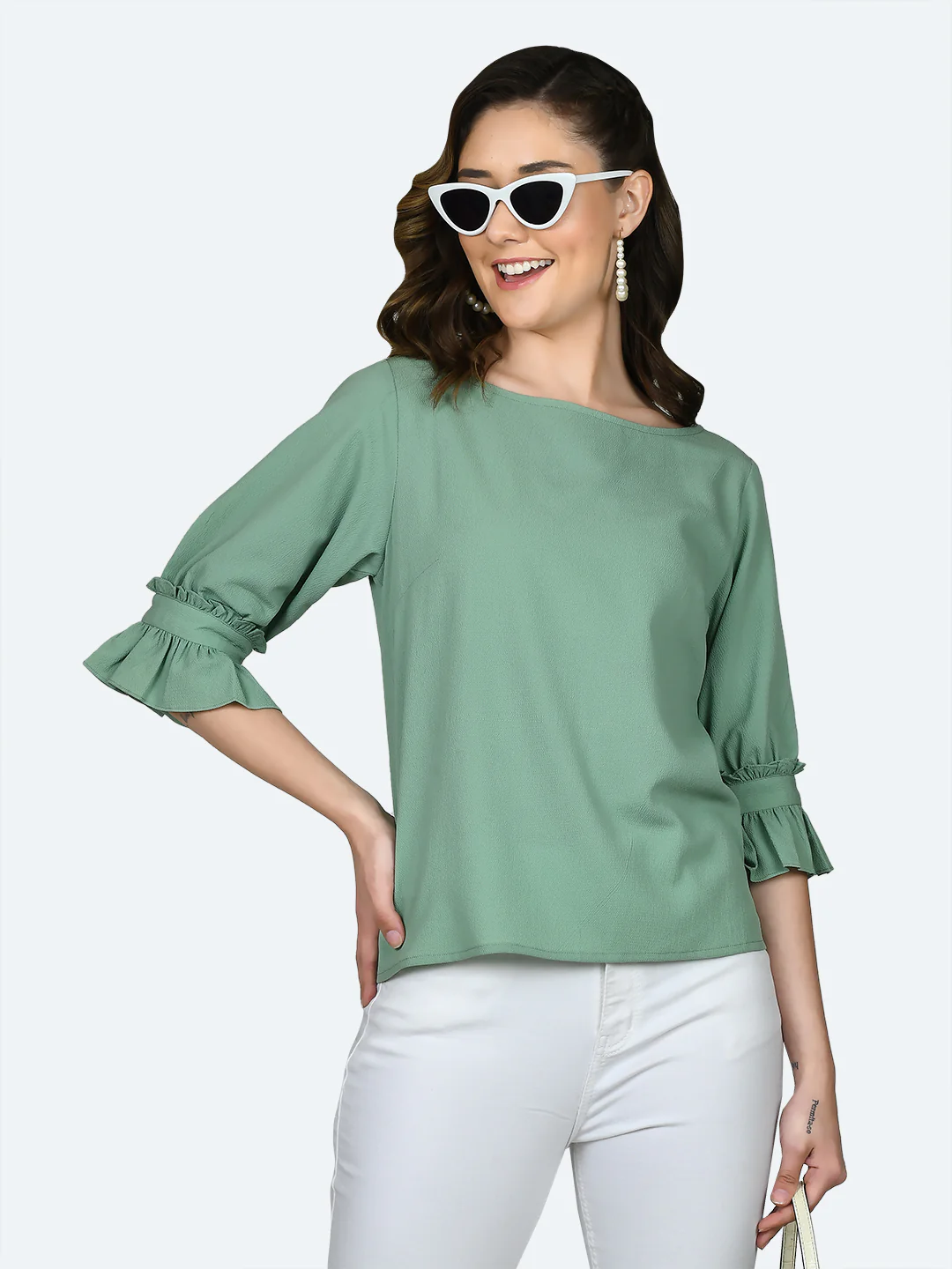 Green Solid Ruffled Top - Image 2