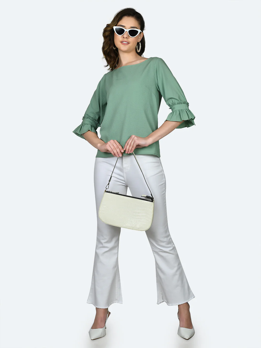 Green Solid Ruffled Top - Image 5