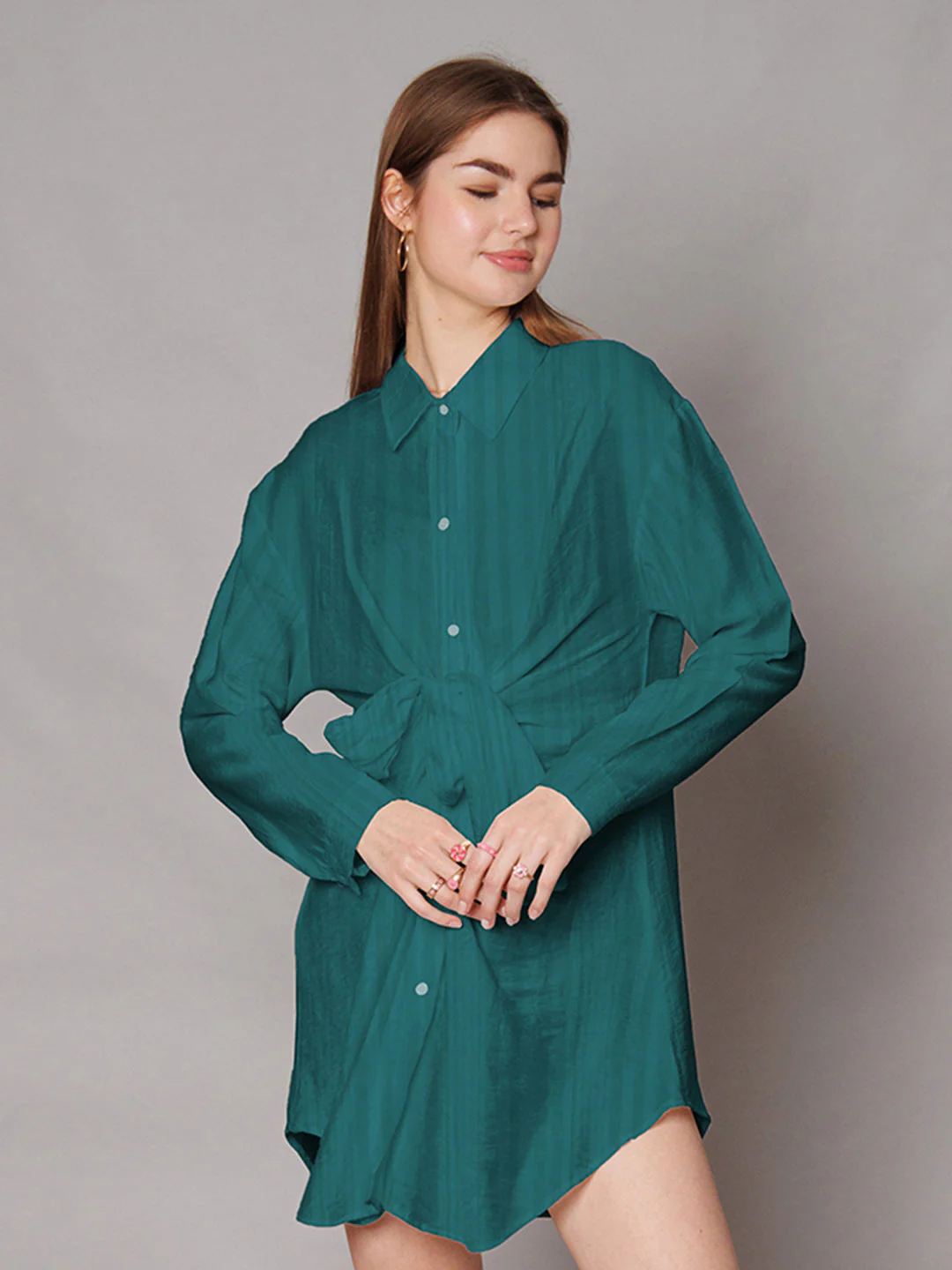Green Solid Shirt-Style Short Dress - Image 2