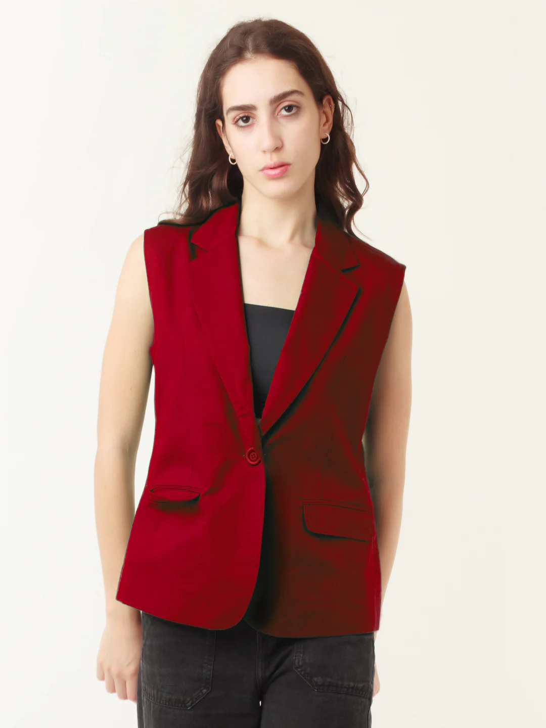 Red Solid Sleeveless Jacket - Image 2