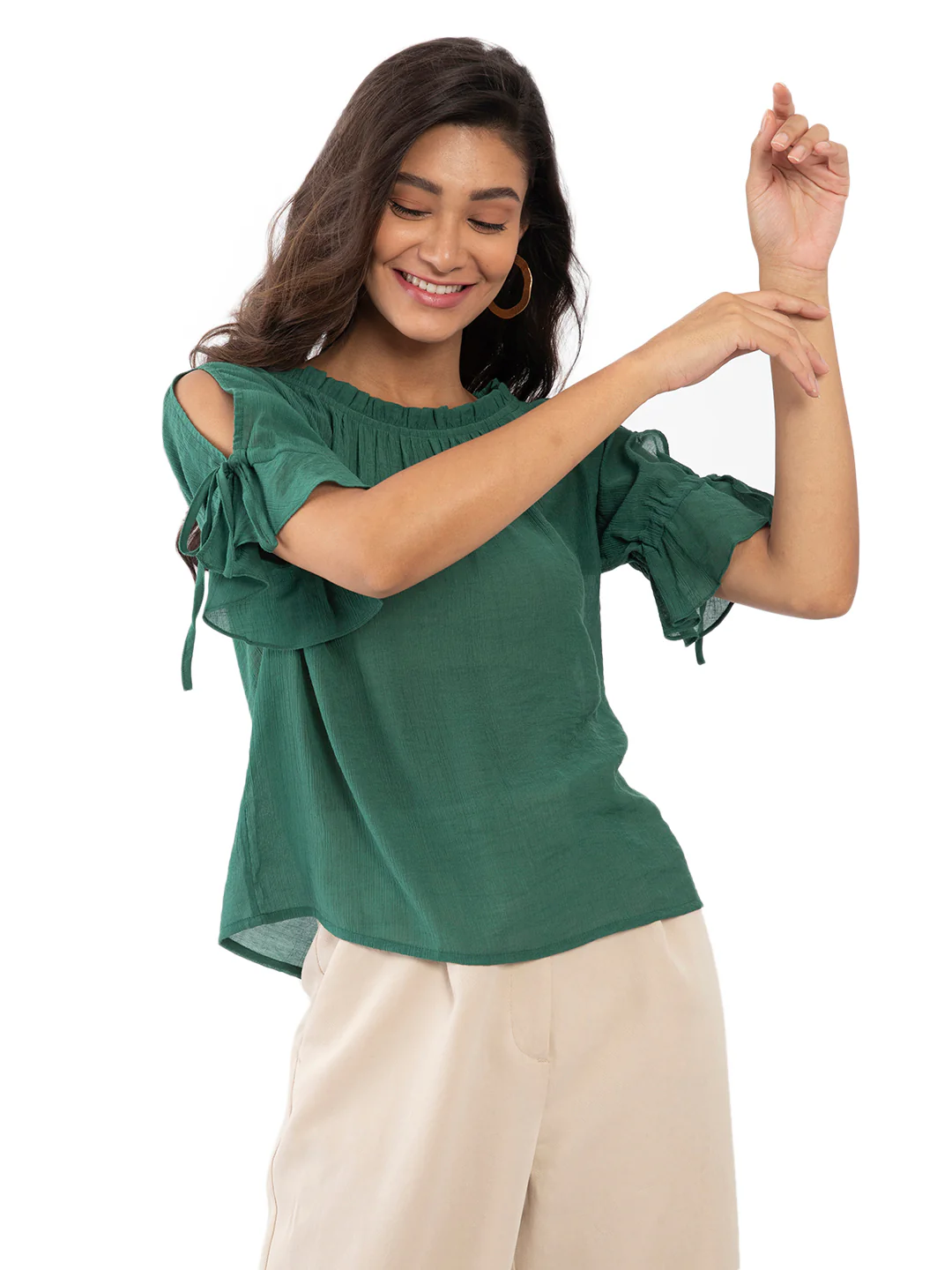 Green Solid Slit Sleeve Top - Image 2