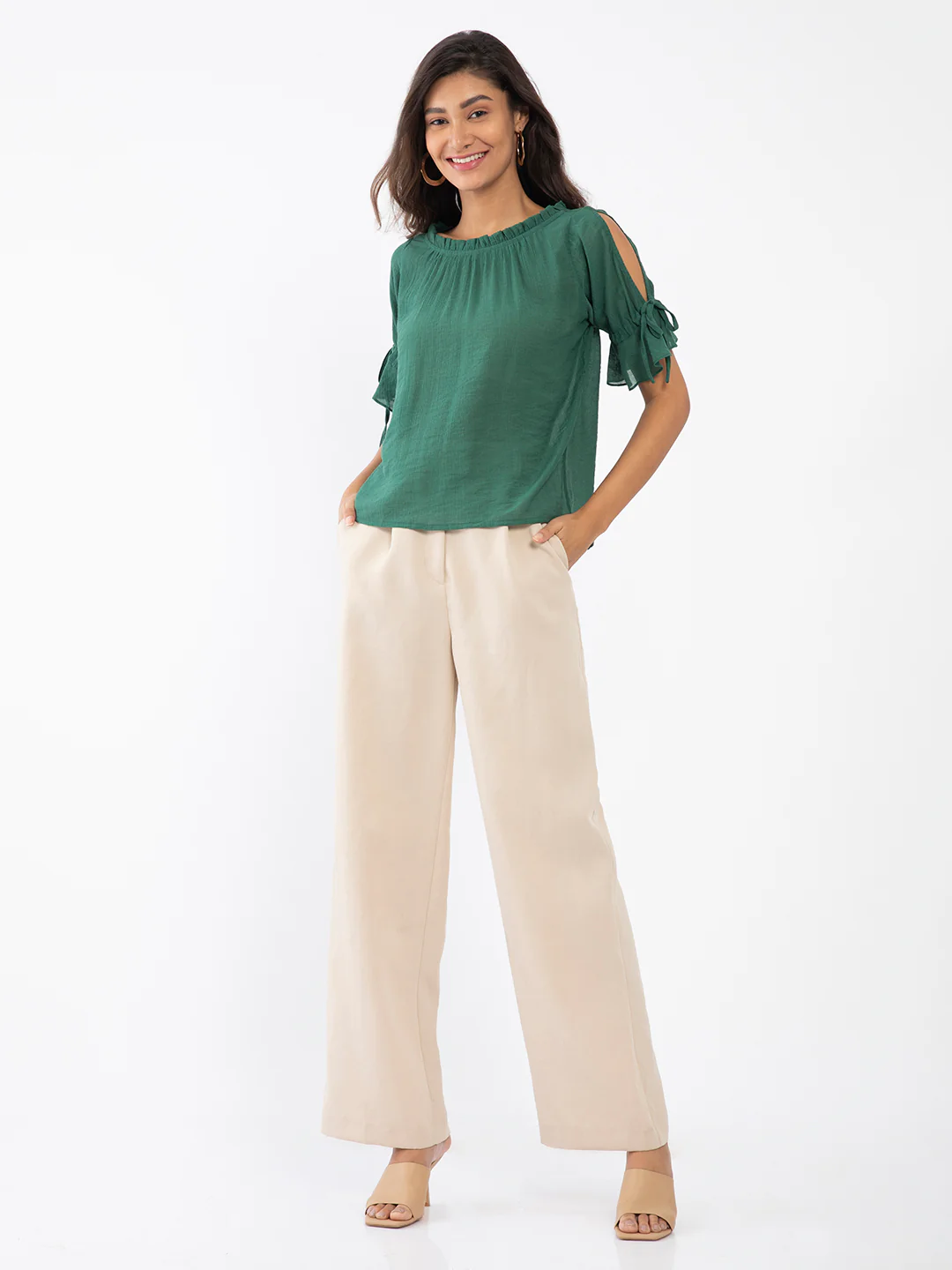 Green Solid Slit Sleeve Top - Image 5