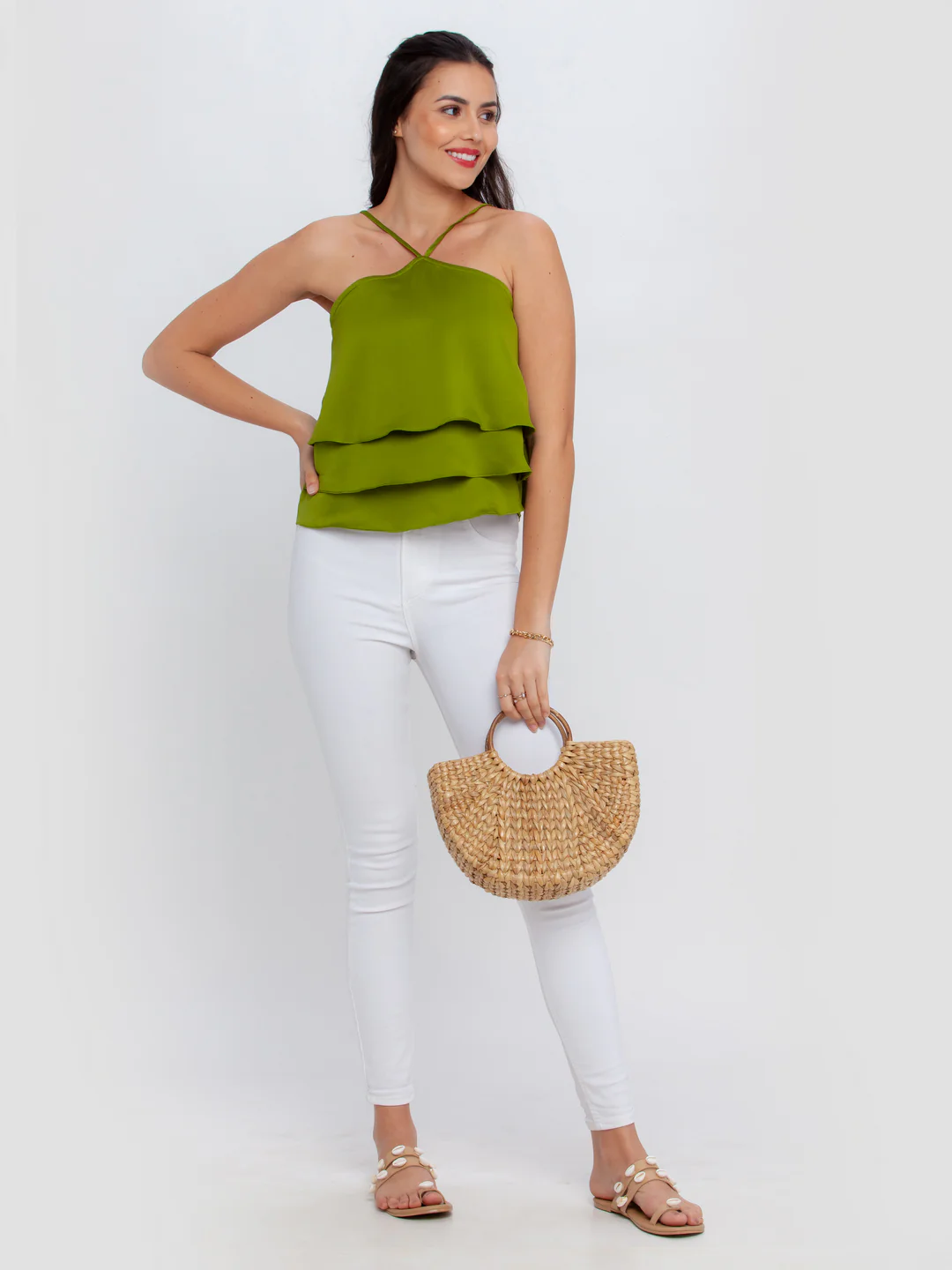 Green Solid Strappy Top